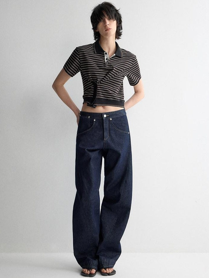 RUN TO THE FUTURE Durable Dark Cotton Denim Casual Oversized Natural Waist Ladies Wide-Leg Jeans