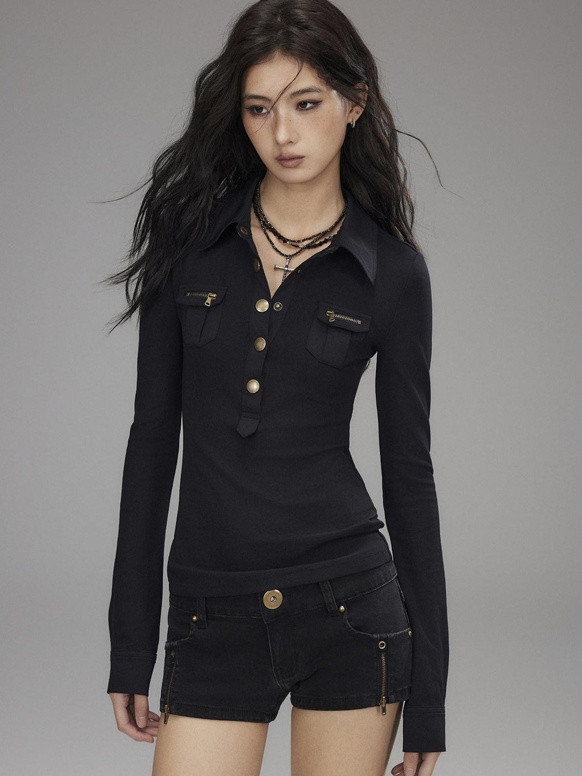 Low pixel Slim Fit Utility Knit Pullover Women Black Turndown Collar Long Sleeve T-Shirts
