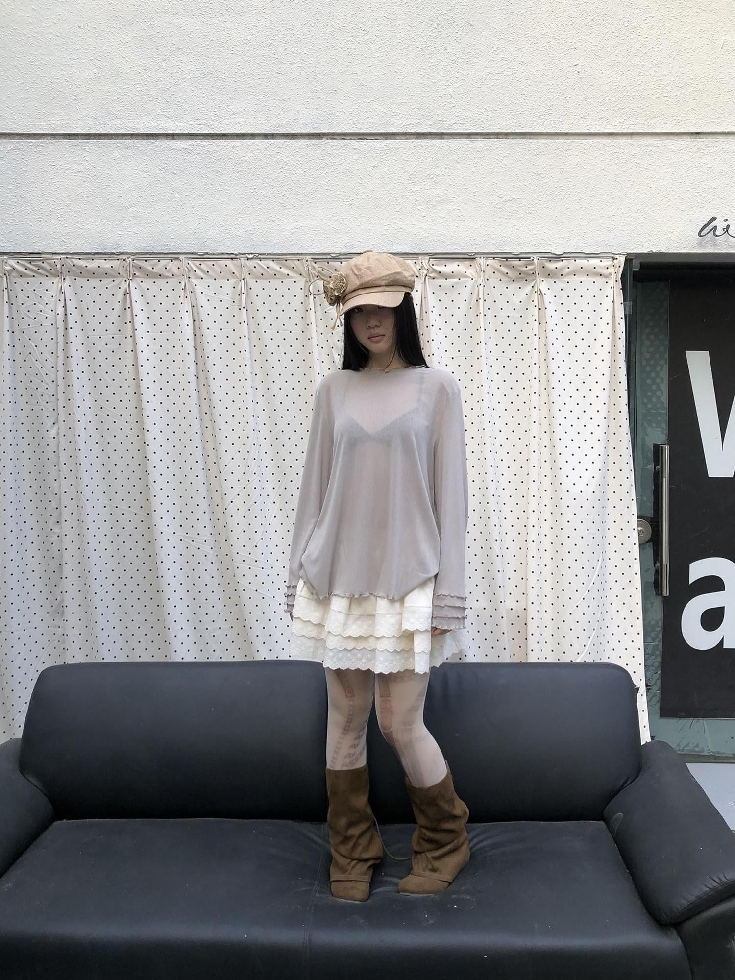 ang project Mocha Sheer Mesh Layered Ruffle Round Neck Women&