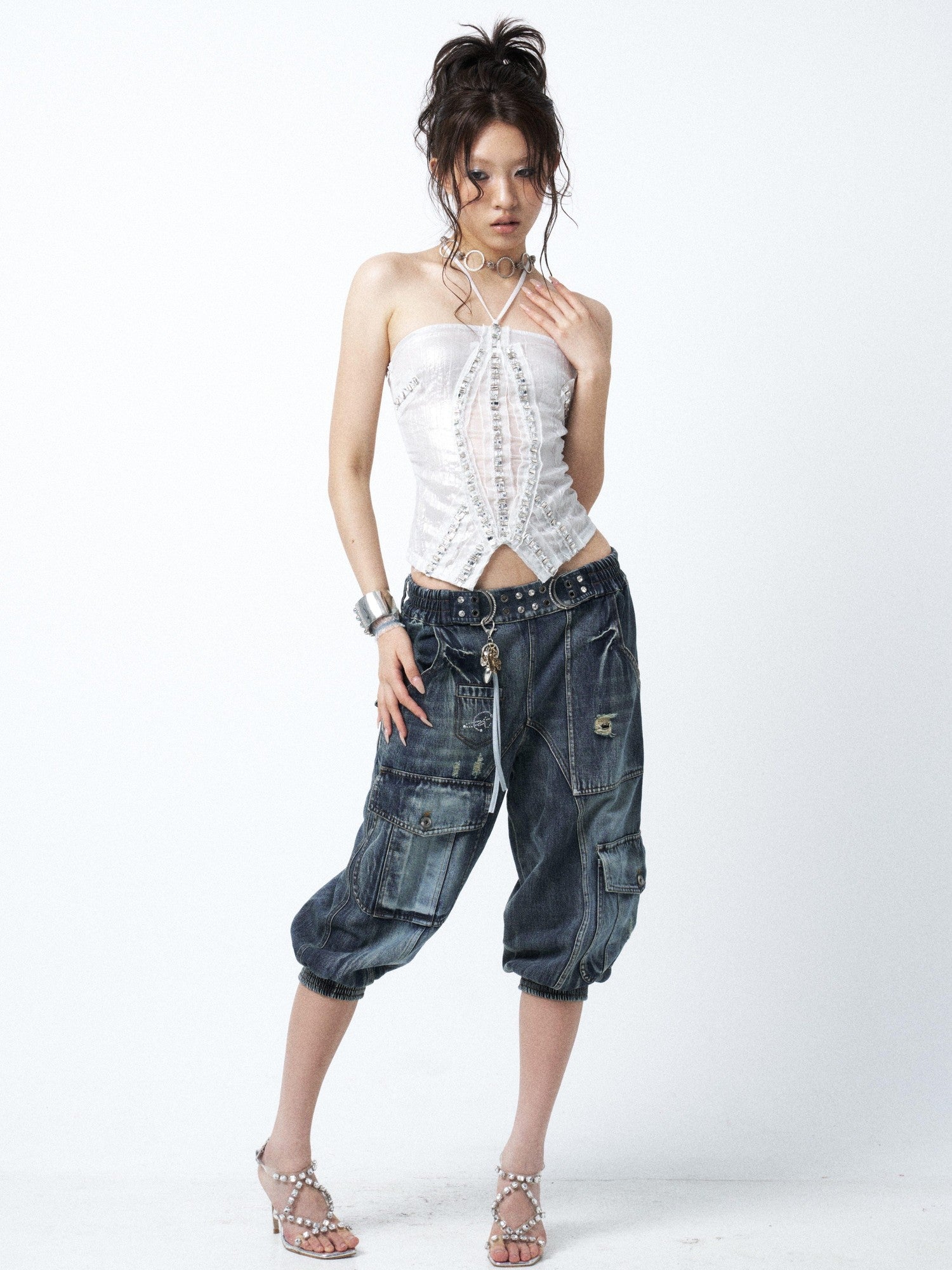 OPEN AESTHETIC Waterwashed Distressed Rhinestone Women&