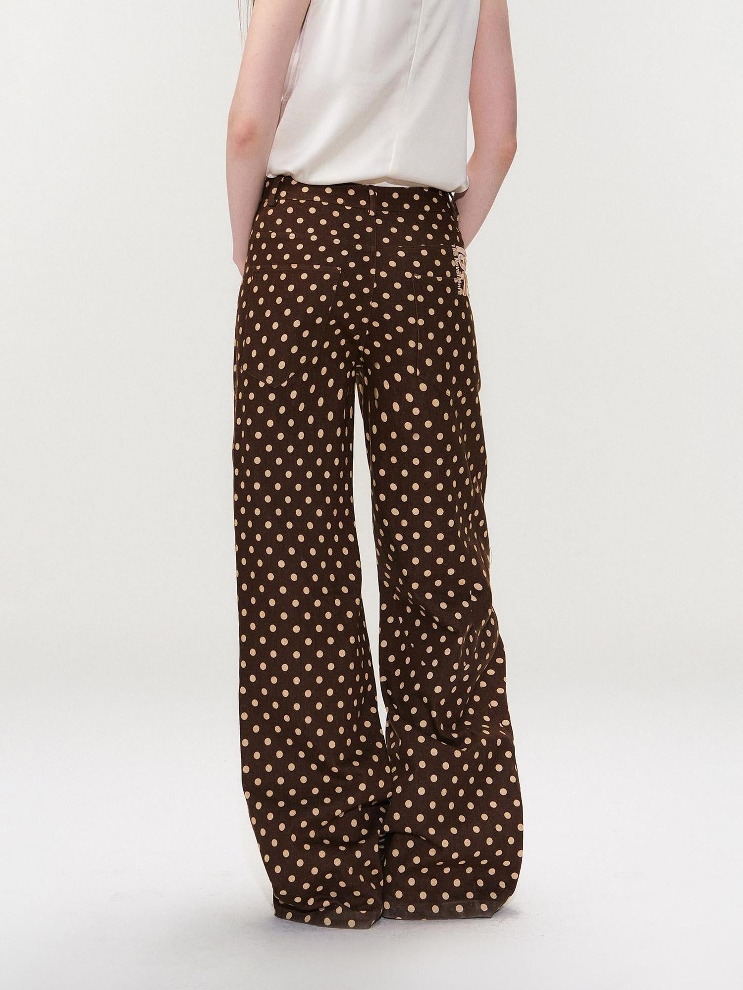 The NeverMore Cotton Polka Dot Vintage Natural Waist Casual Women Brown Straight Leg Jeans