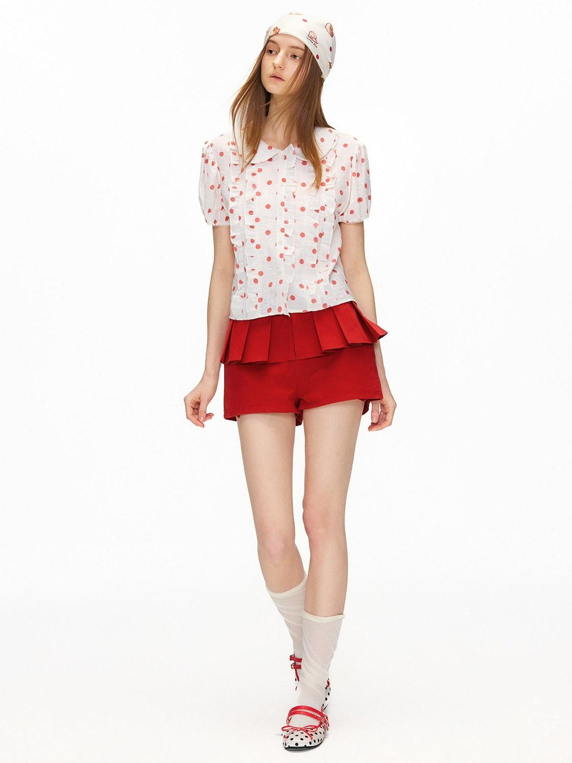 OuttheBlue Waist Cinch Ruffle Casual Puff Sleeve Doll Collar Polka Dot Women Shirts