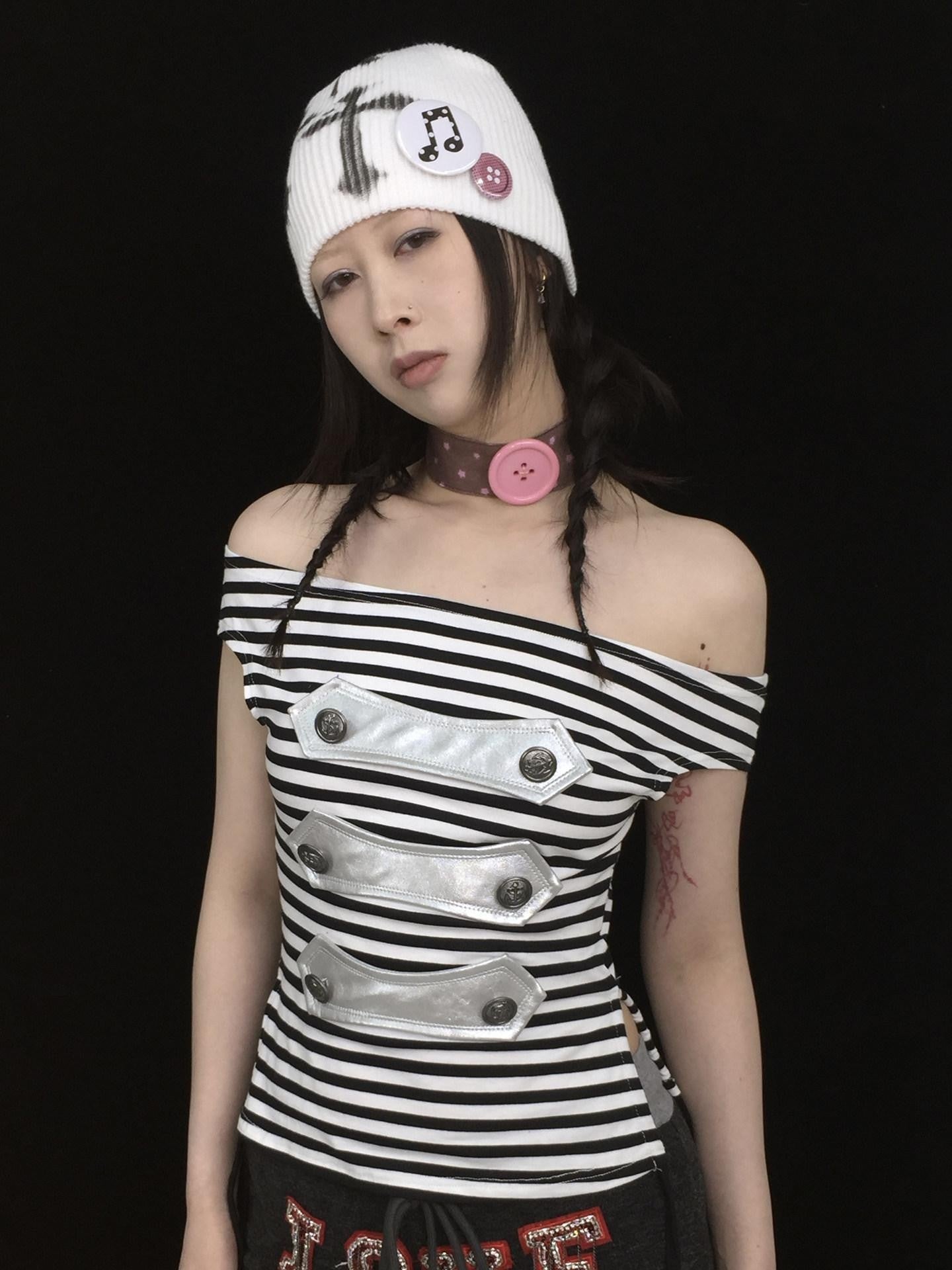 Ttsunami Multicolor Striped Button Geometric Print Women&