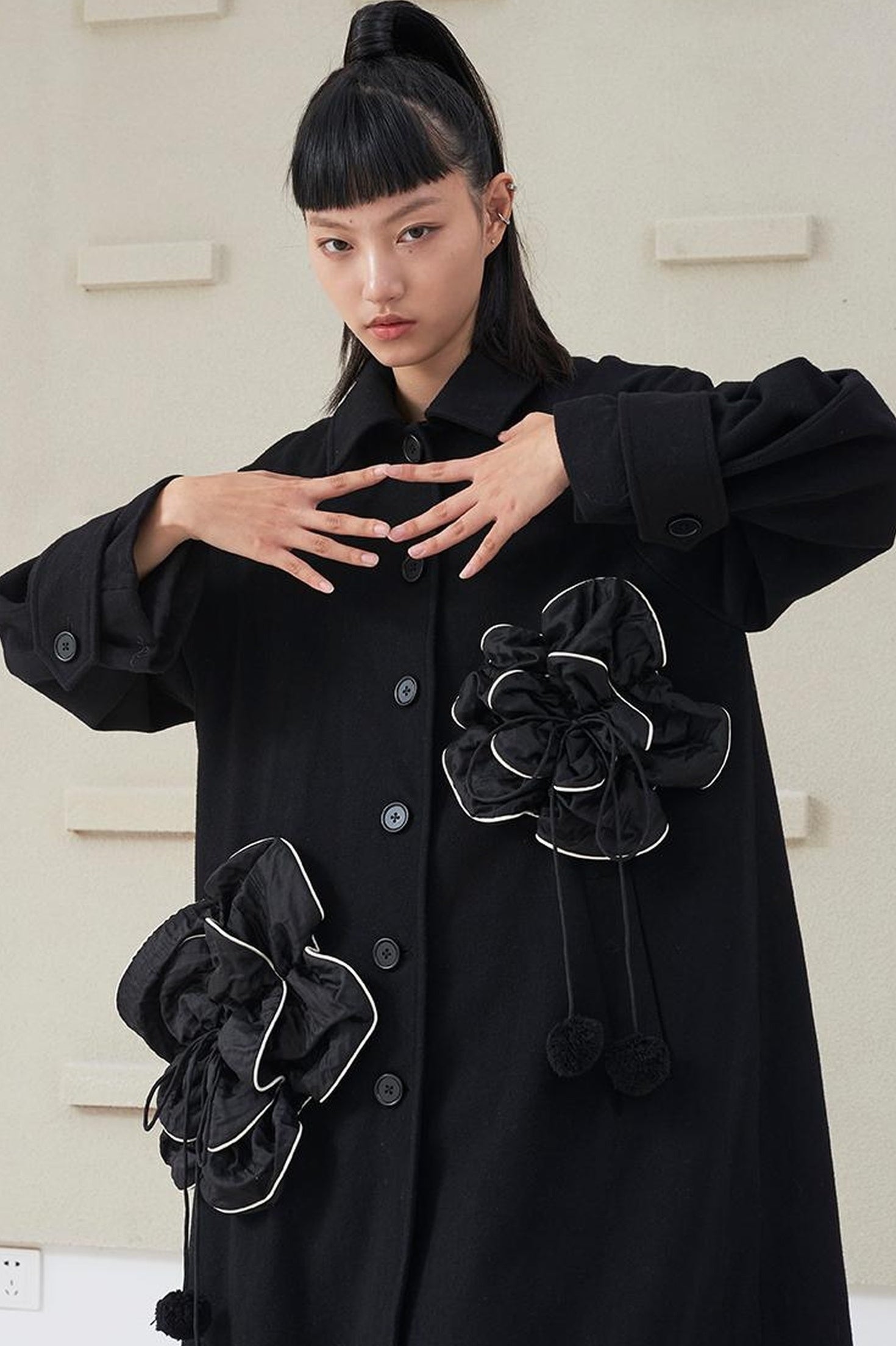 DIDDI MODA 3D Floral A Line Wool Coat