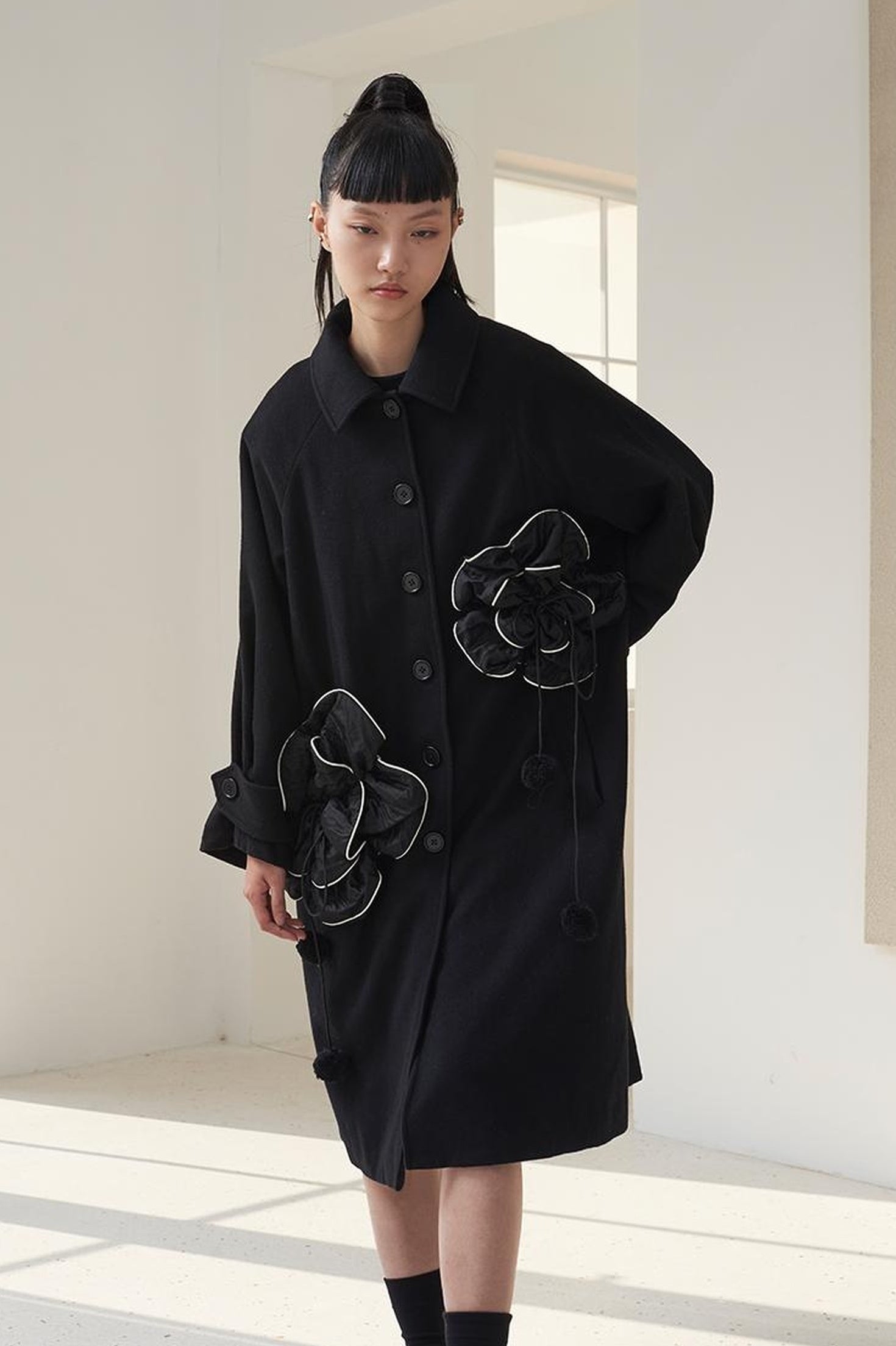 DIDDI MODA 3D Floral A Line Wool Coat