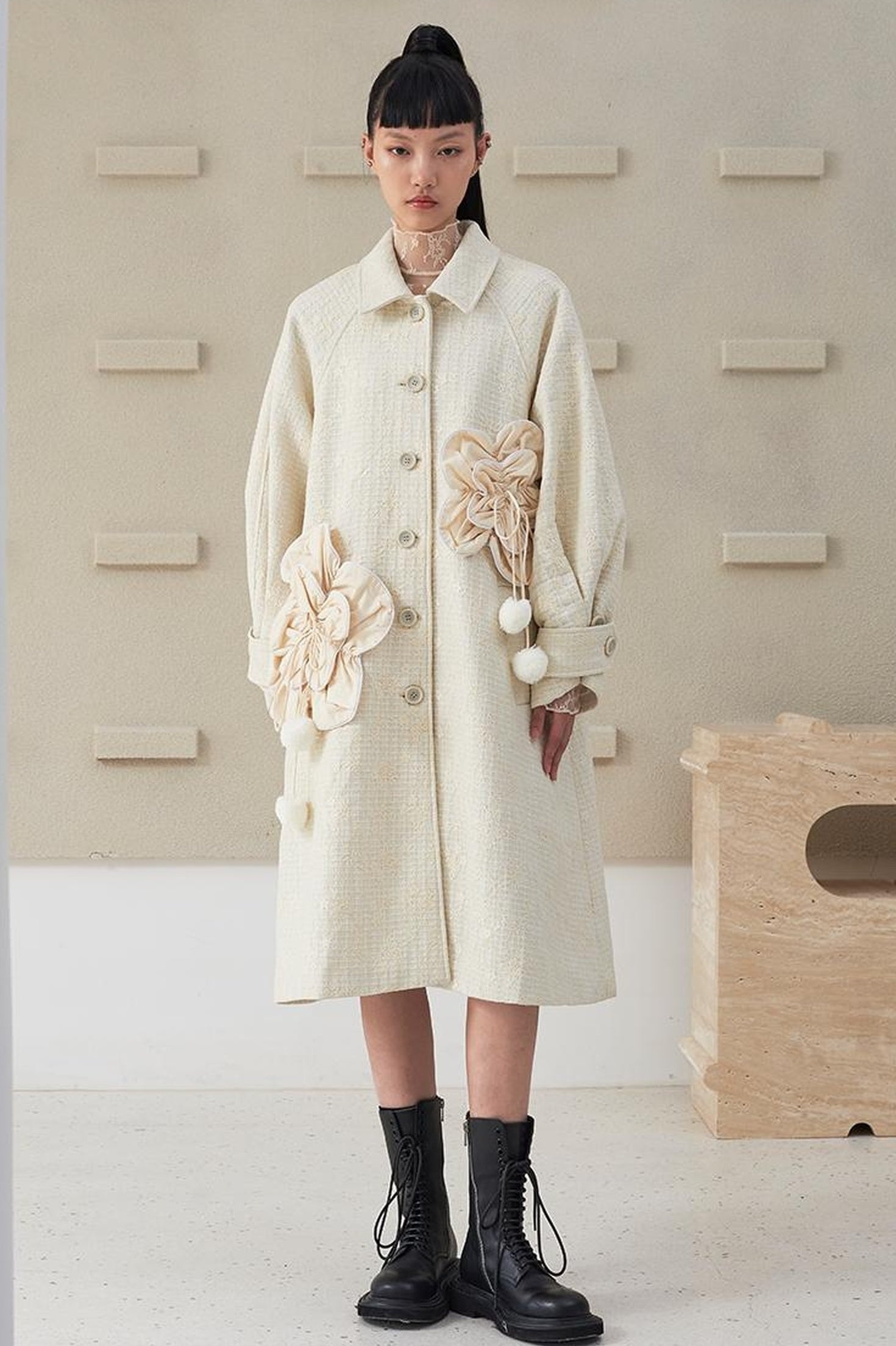 DIDDI MODA 3D Floral A Line Wool Coat