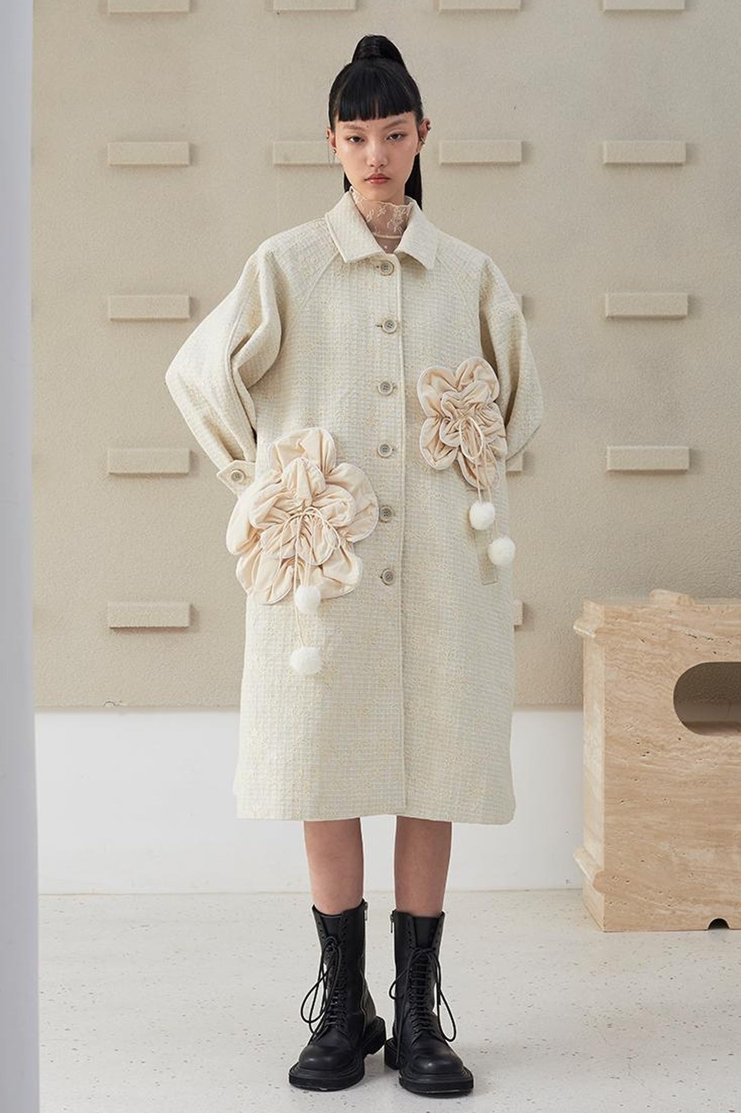 DIDDI MODA 3D Floral A Line Wool Coat