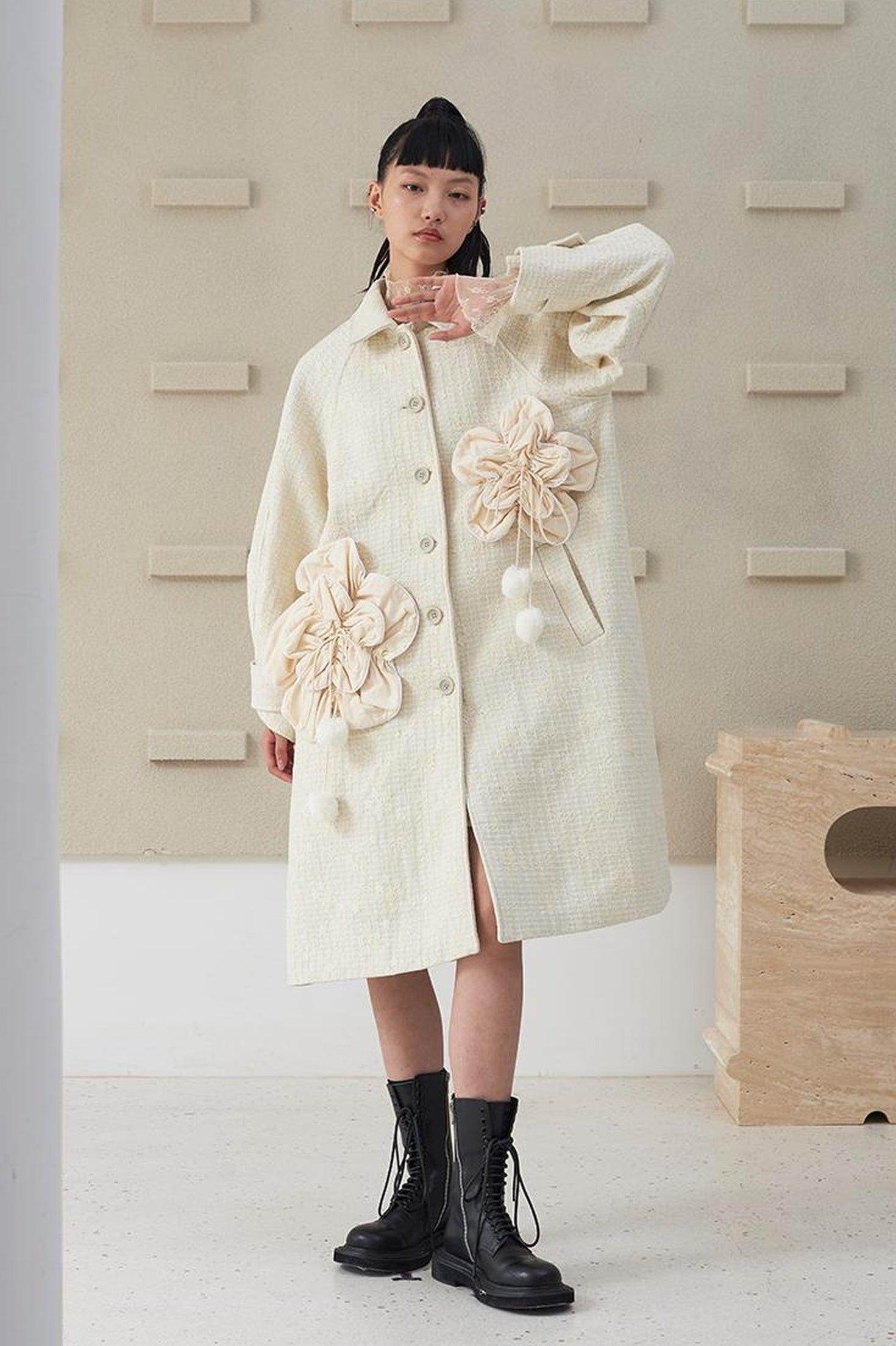 DIDDI MODA 3D Floral A Line Wool Coat