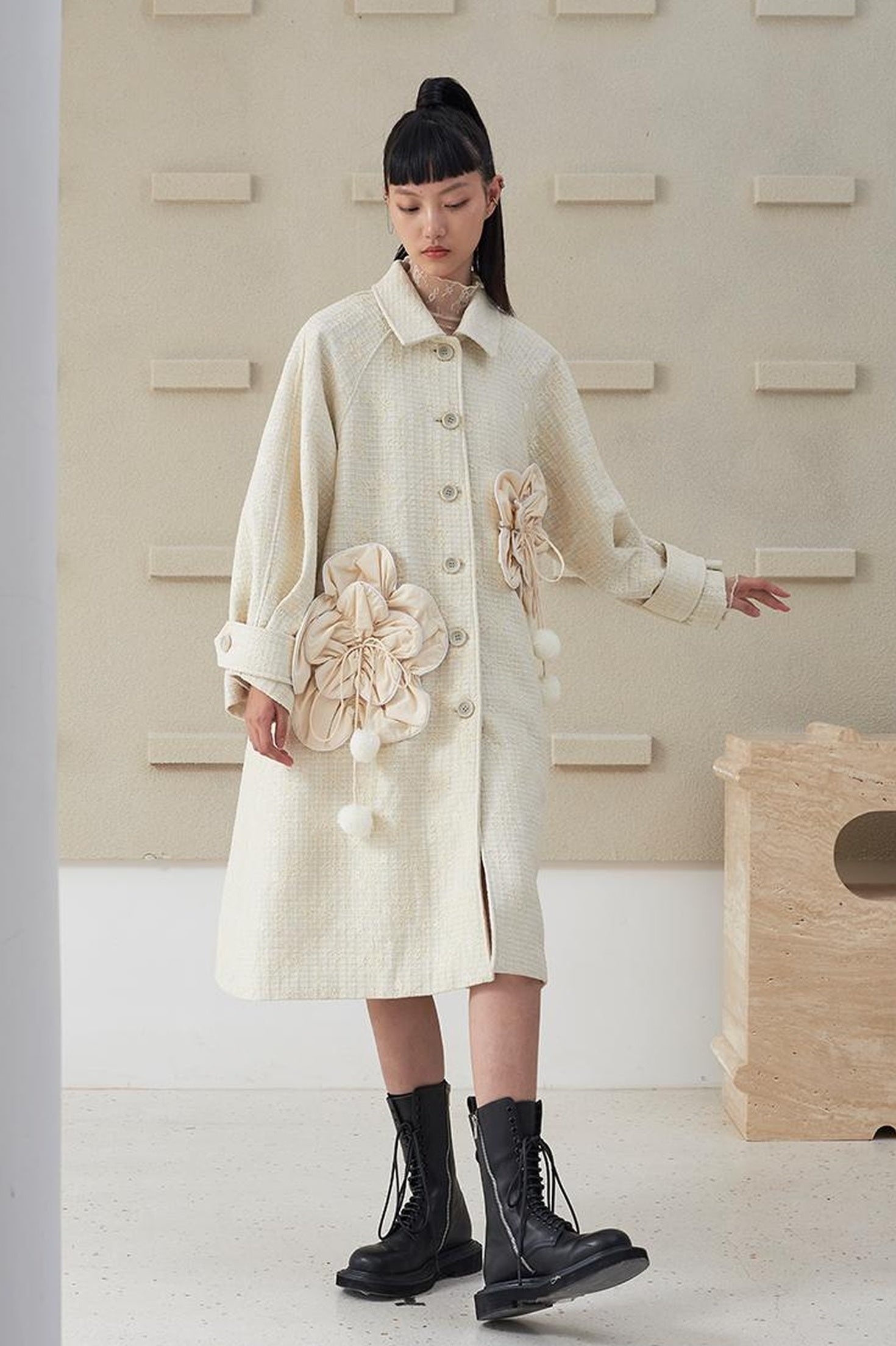 DIDDI MODA 3D Floral A Line Wool Coat