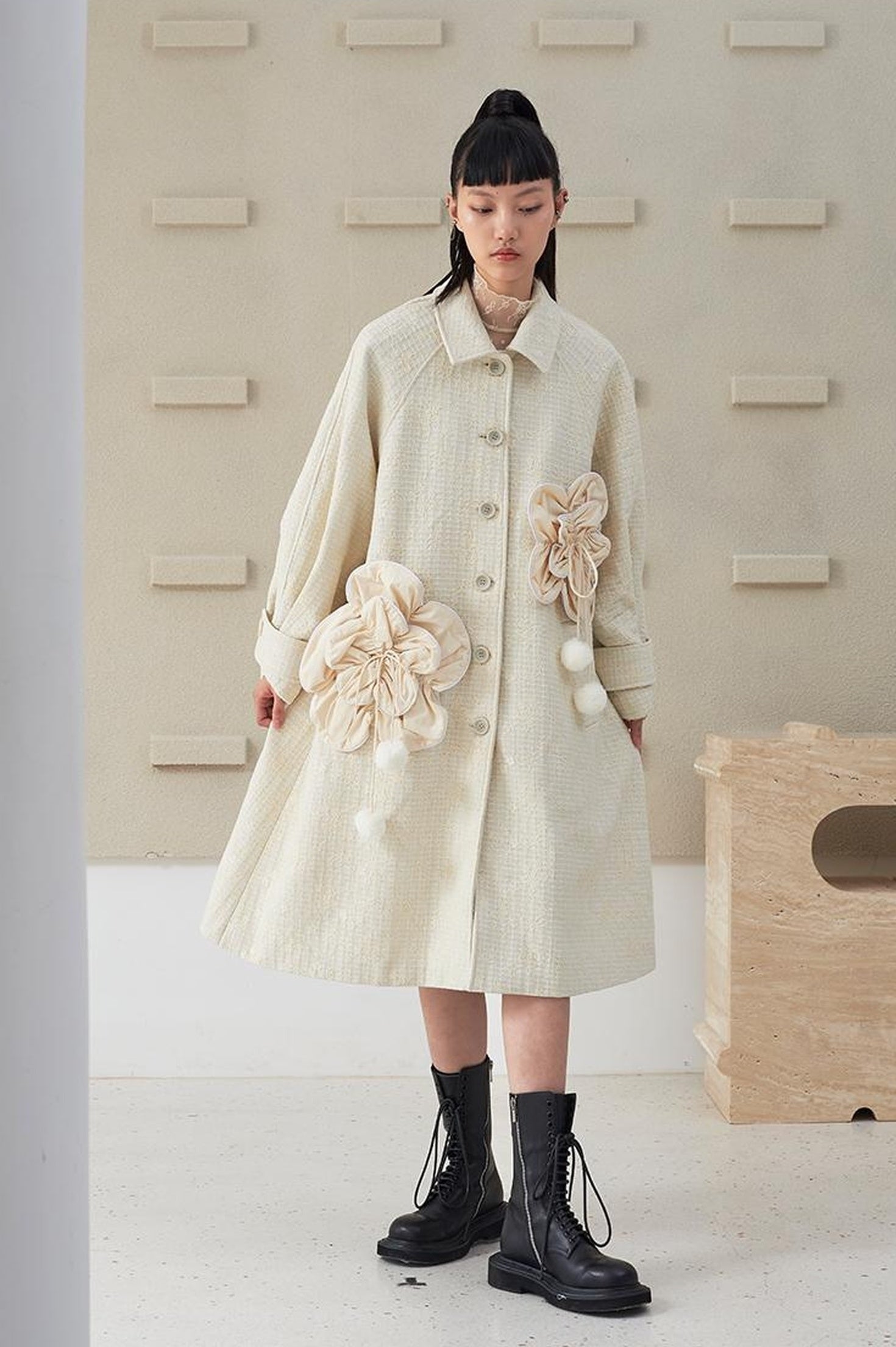 DIDDI MODA 3D Floral A Line Wool Coat