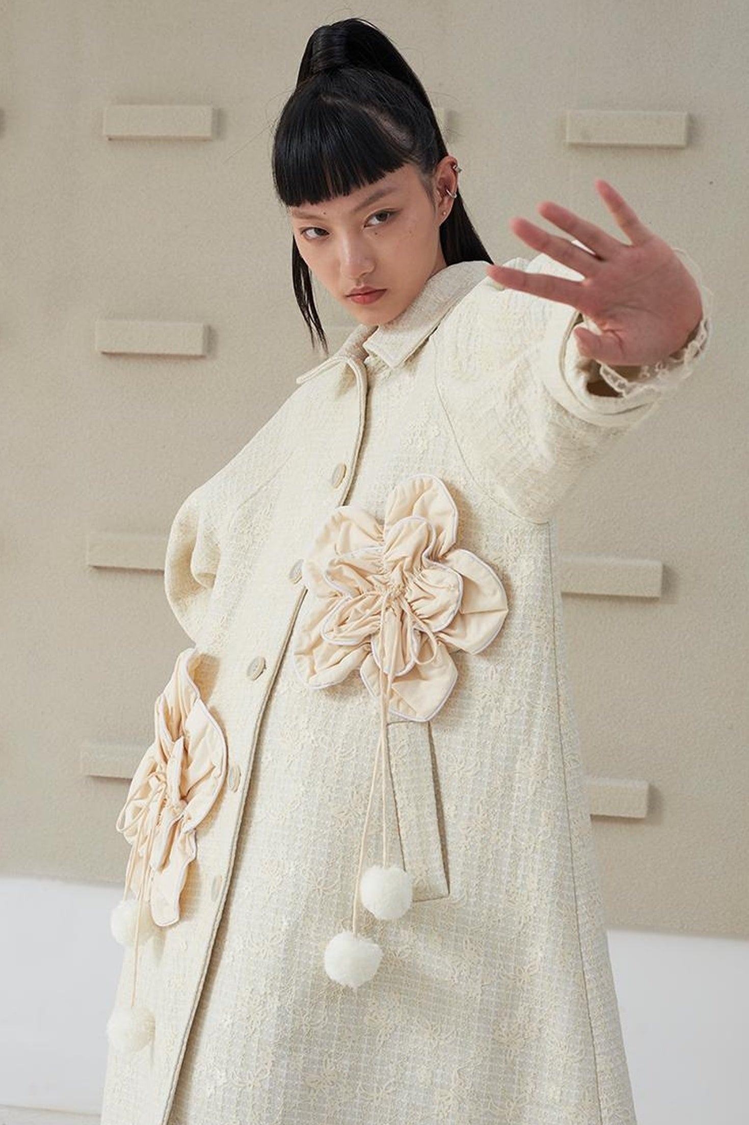 DIDDI MODA 3D Floral A Line Wool Coat