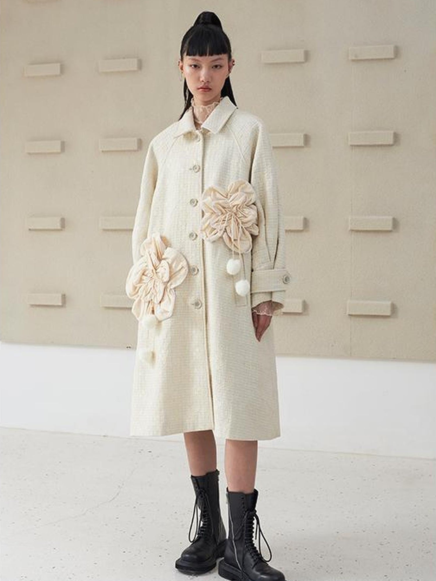 DIDDI MODA 3D Floral A Line Wool Coat