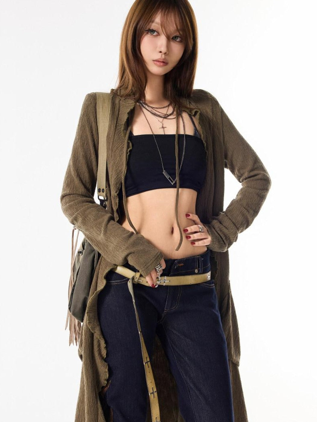 3MODE Army Green Drawstring V-neck Slouchy Long Tie Front Women&