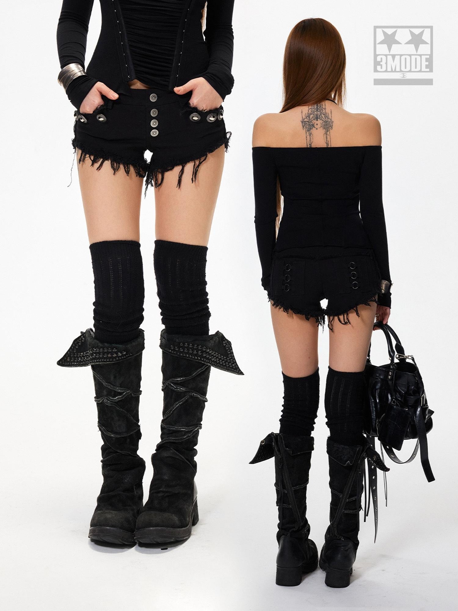 3MODE Black Frayed Hem Low Waist Side Stud Multi Button Women&