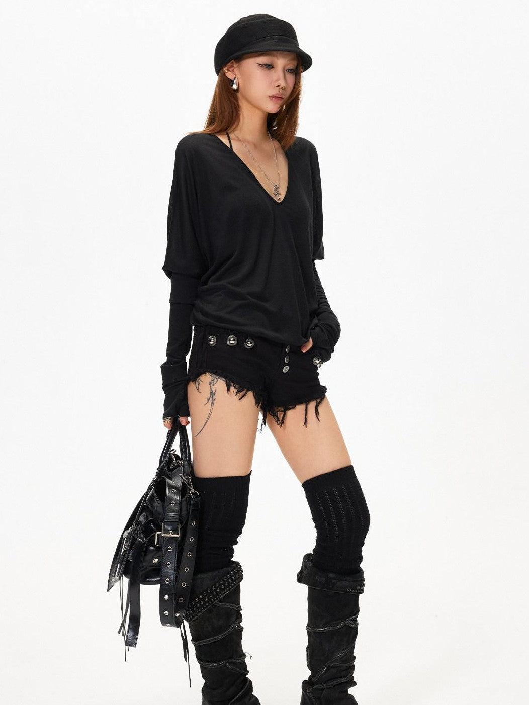 3MODE Black Frayed Hem Low Waist Side Stud Multi Button Women&