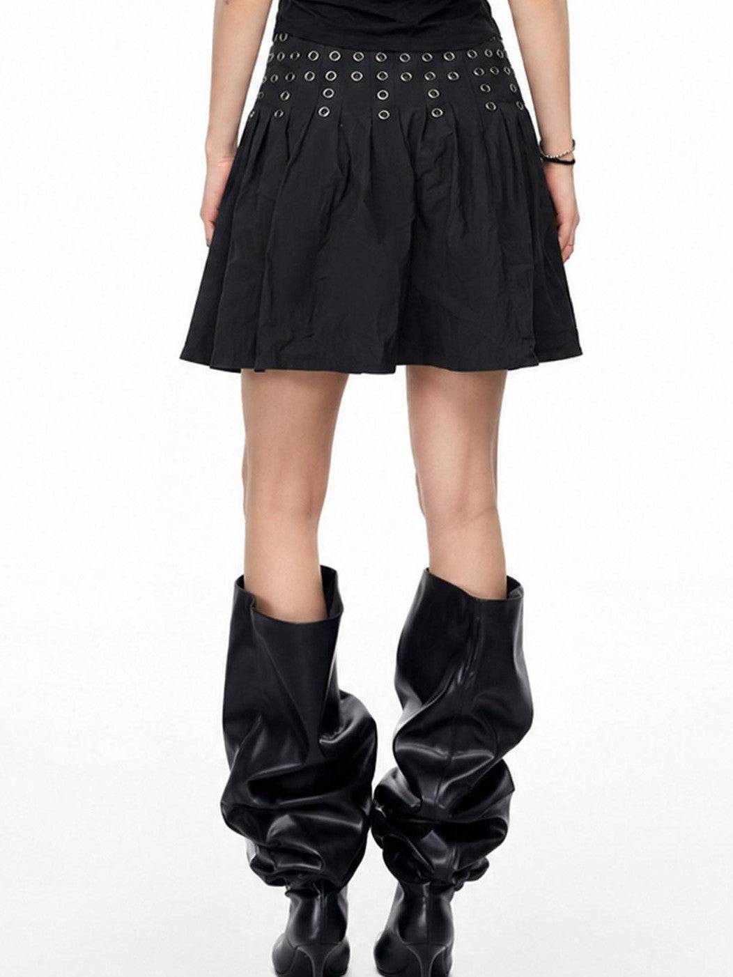 3MODE Black Metal Ring Rivet Pleated Low Waist Utility Women&