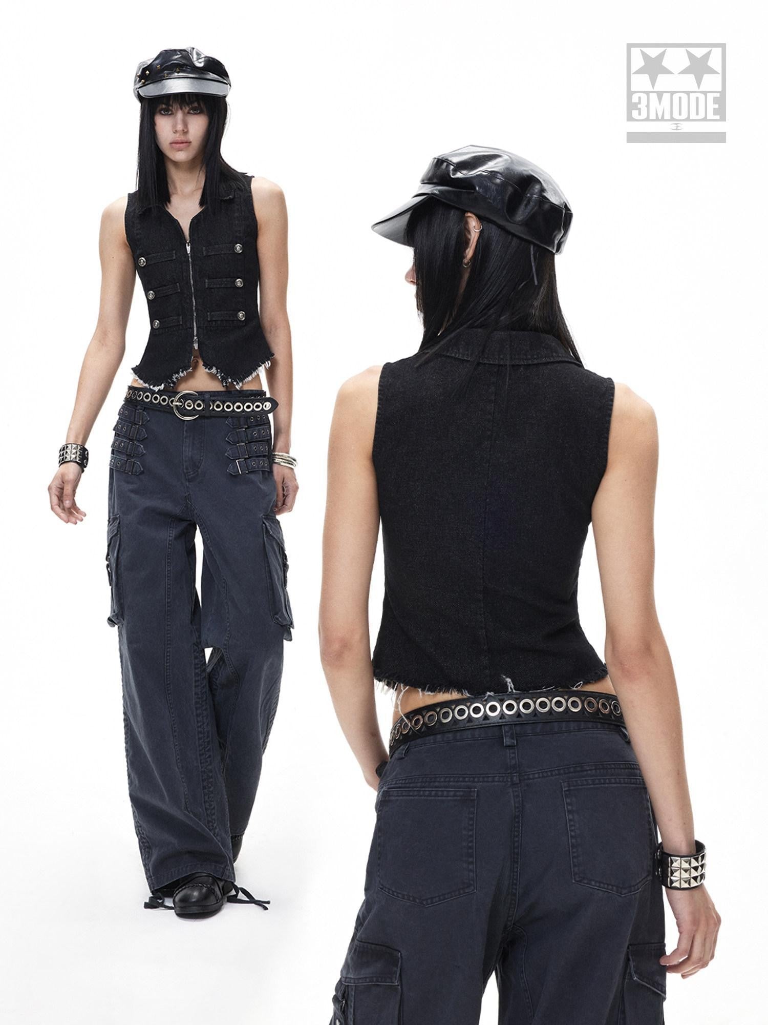 3MODE Black Punk Double Breasted Lapel Sleeveless Women&