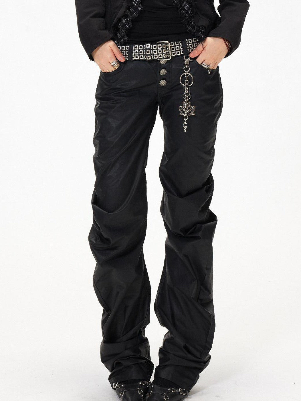 3MODE Black Punk Ruched Pleats Metal Button Women&