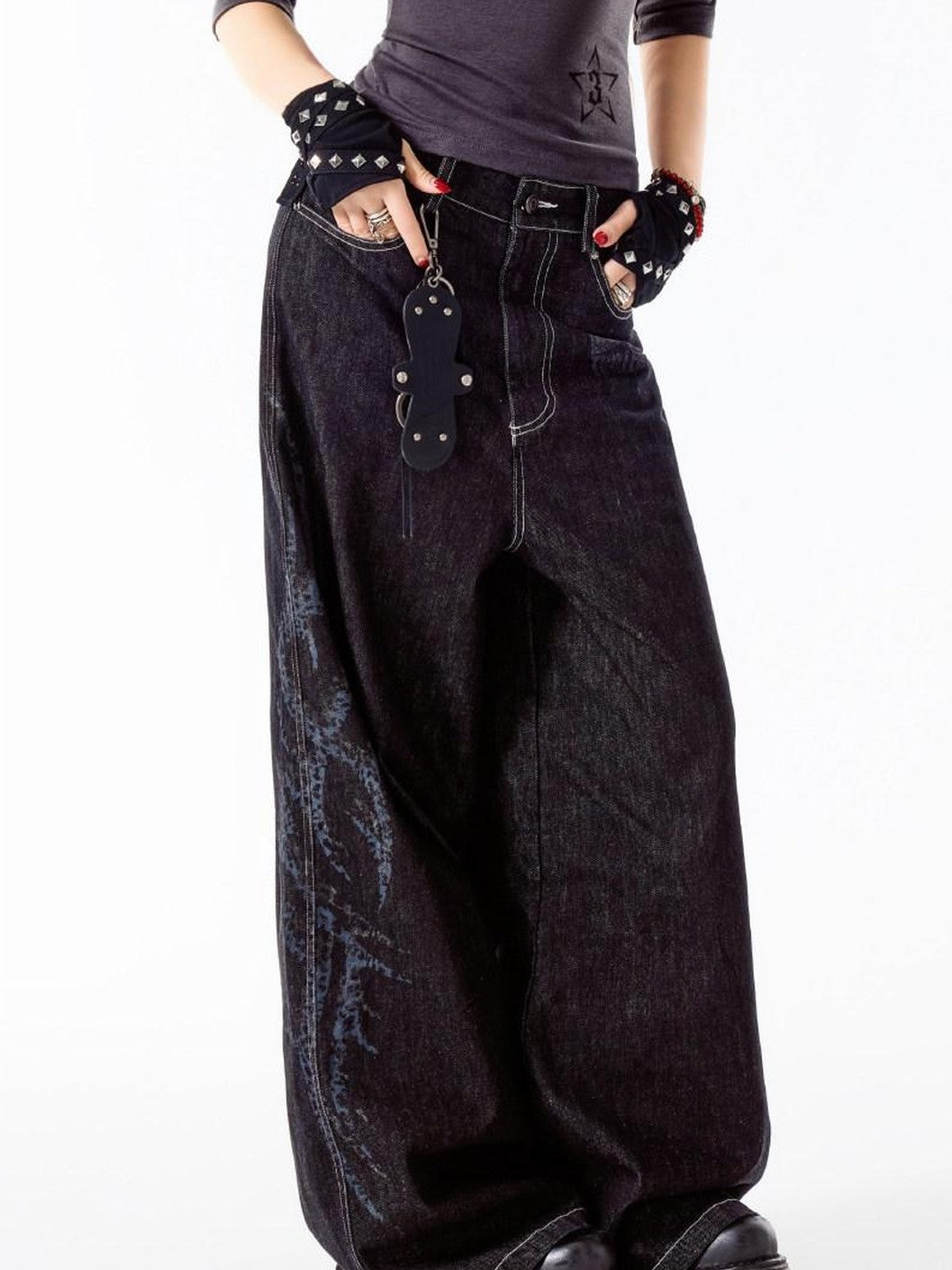 3MODE Black Vintage Washed Loose Natural Waist Women&
