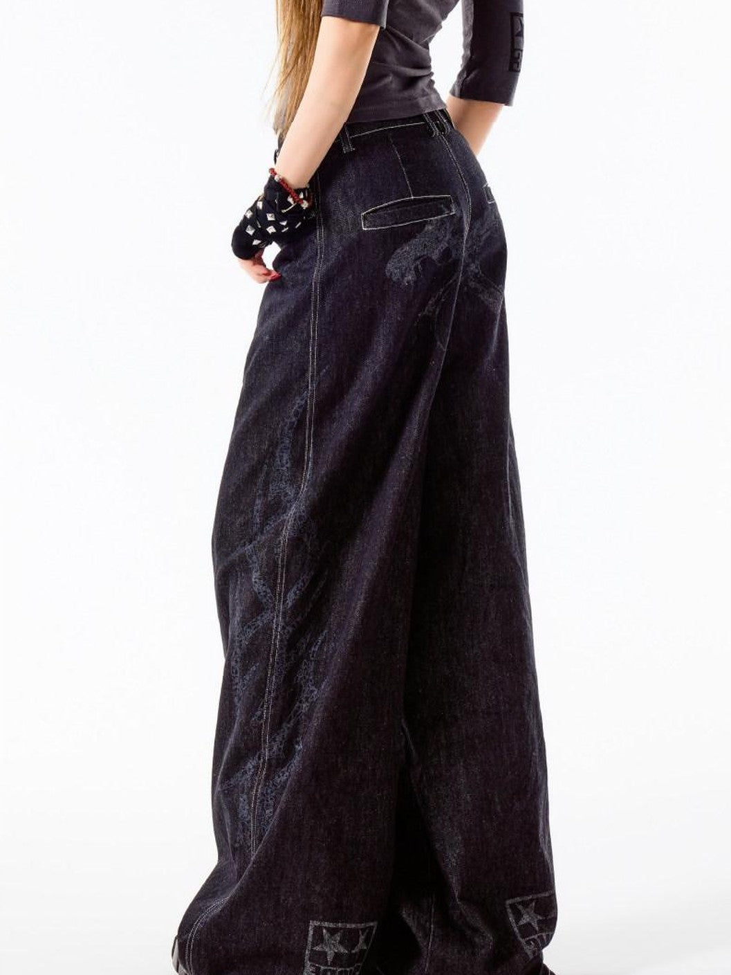 3MODE Black Vintage Washed Loose Natural Waist Women&