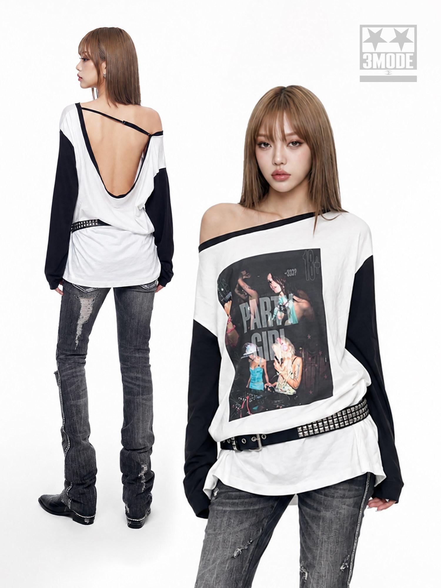 3MODE Black White Asymmetrical Open Back Poster Print Women&