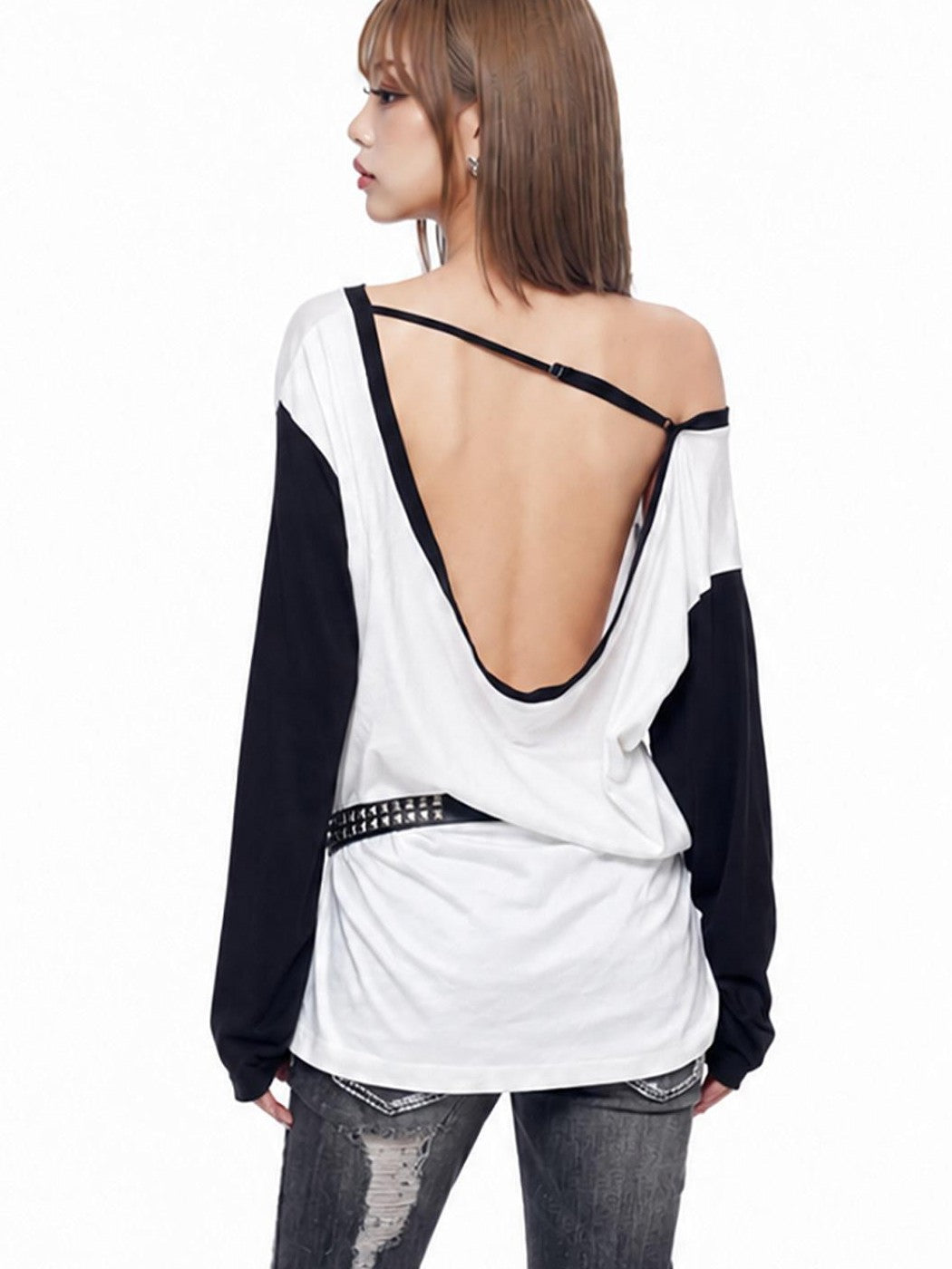 3MODE Black White Asymmetrical Open Back Poster Print Women&