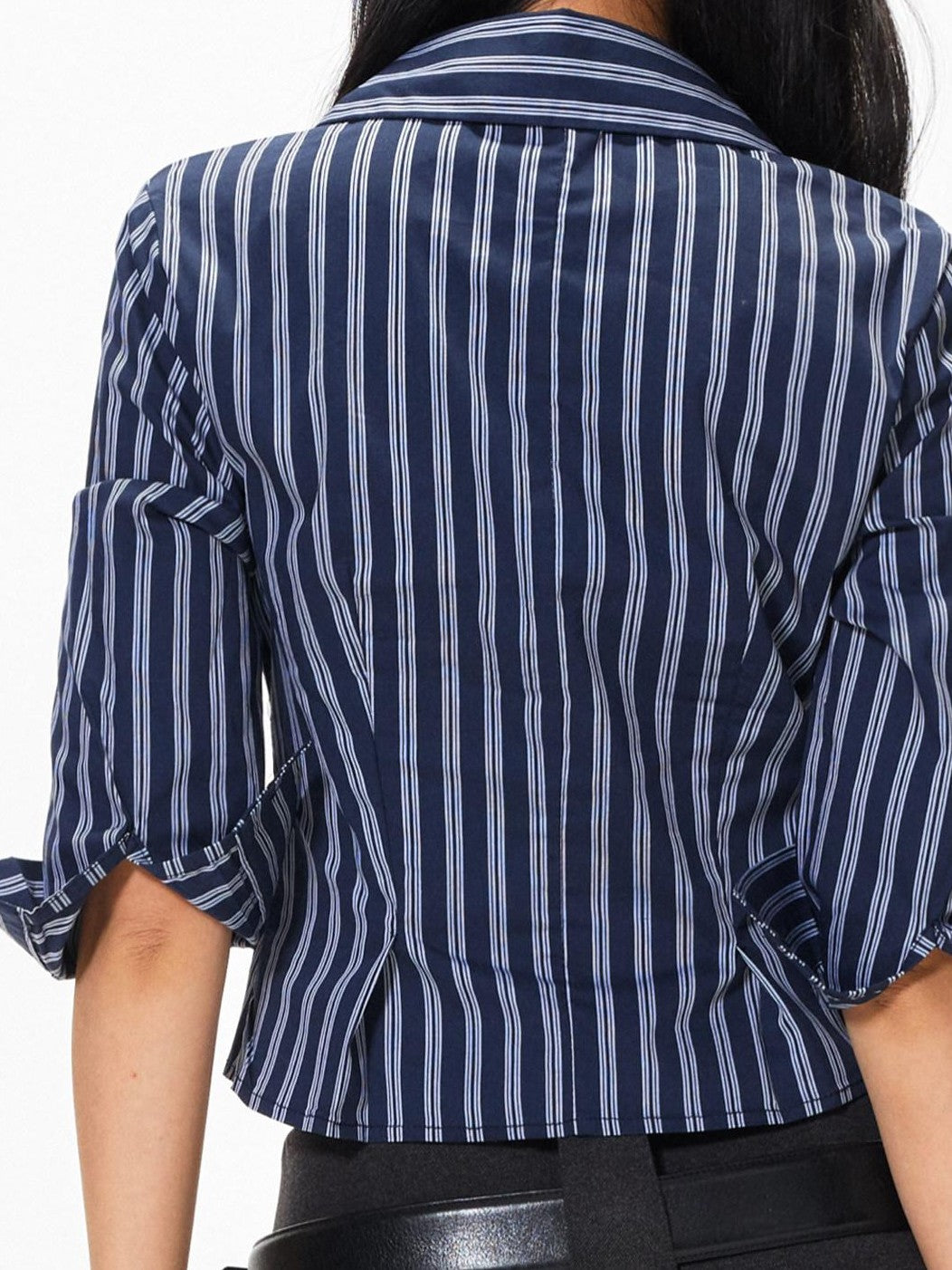 3MODE Blue Striped Polo Collar Three Quarter Sleeve Slim Women&