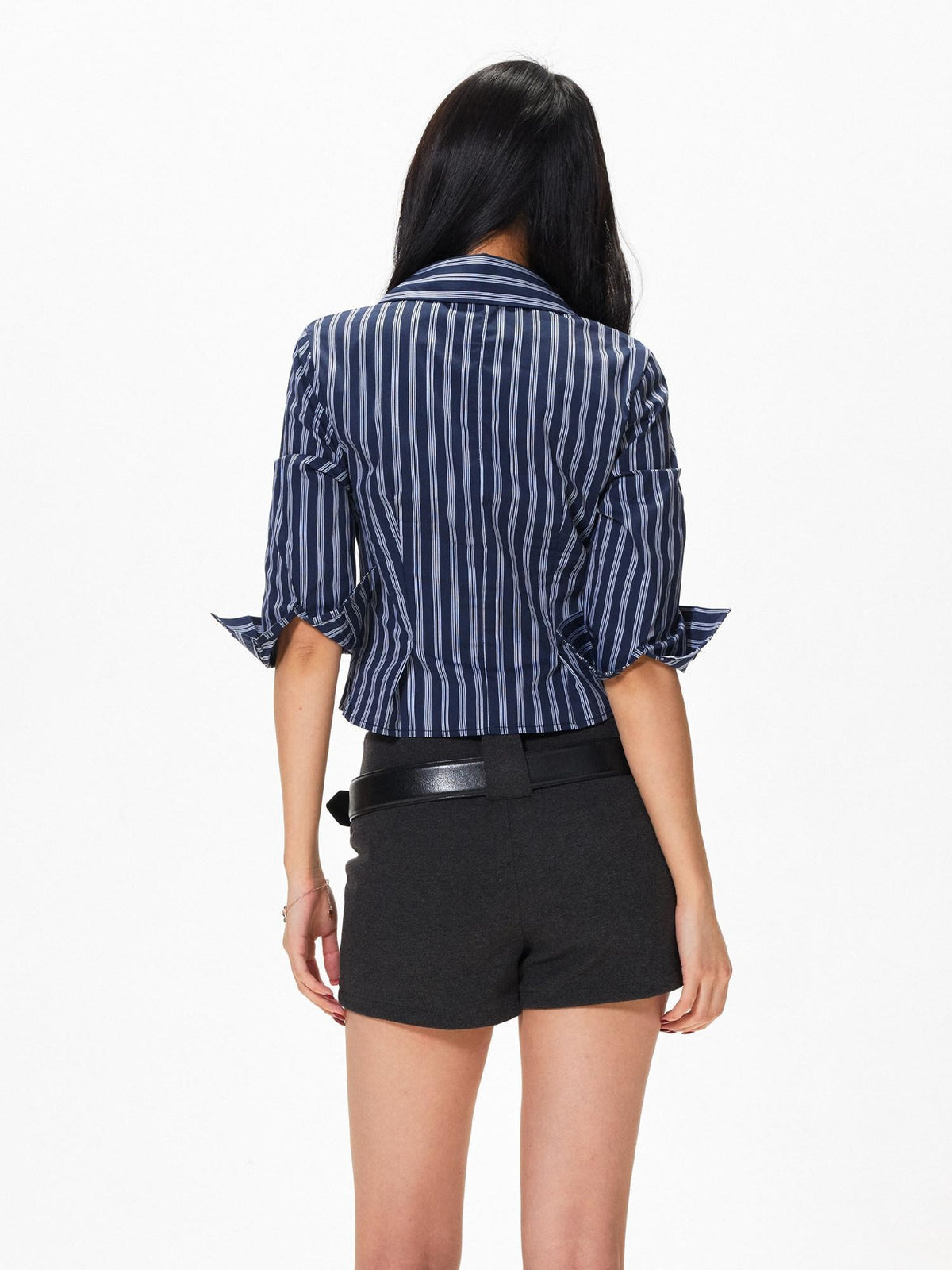 3MODE Blue Striped Polo Collar Three Quarter Sleeve Slim Women&