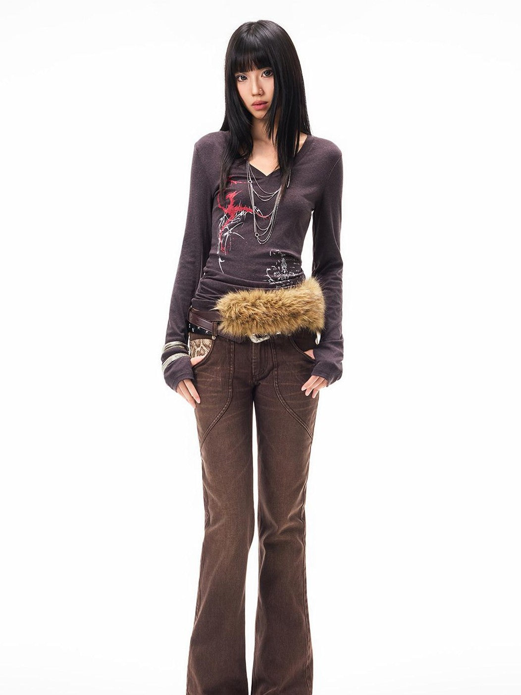 3MODE Brown Vintage Letter Print High Waist Women&