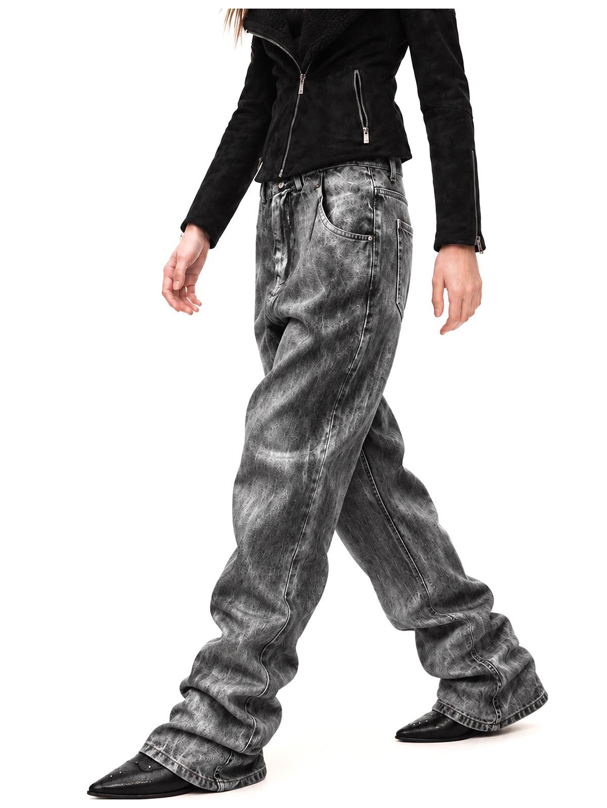 3MODE Brushed Texture Straight Leg Acid Wash Women&
