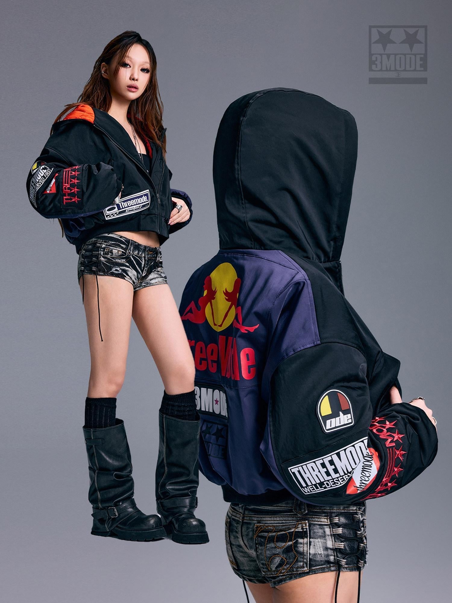 3MODE Cartoon Print Street Hooded Cropped Biker Zipper Women&