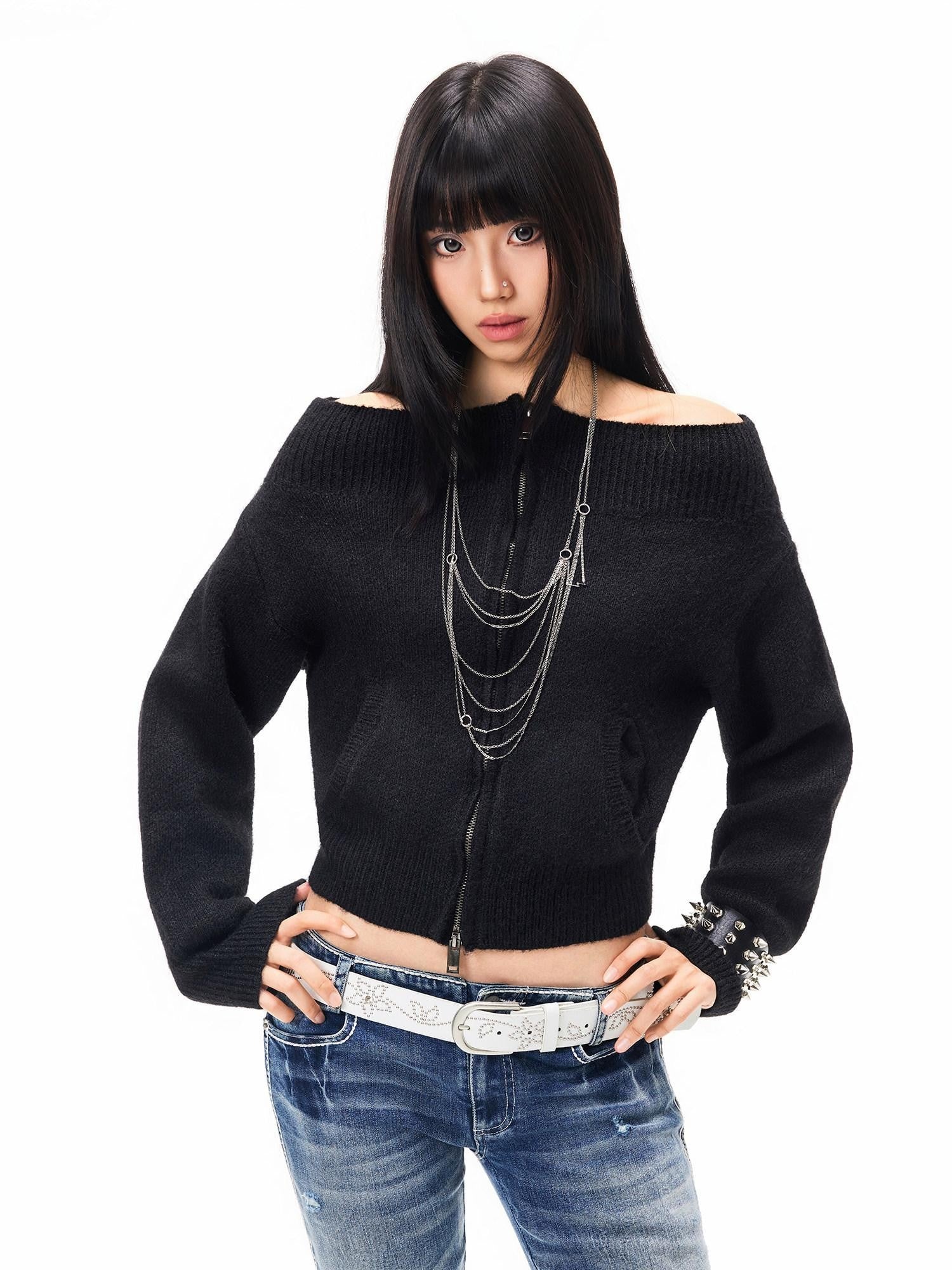 3MODE Cropped Off Shoulder Relaxed Long Sleeve Women&