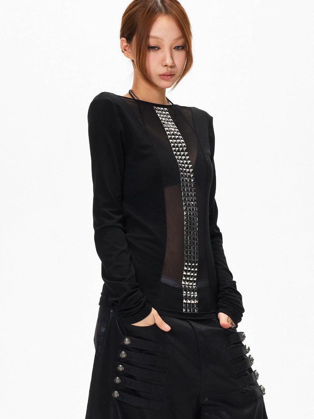 3MODE Dark Goth Rhinestone Mesh Panel Women&