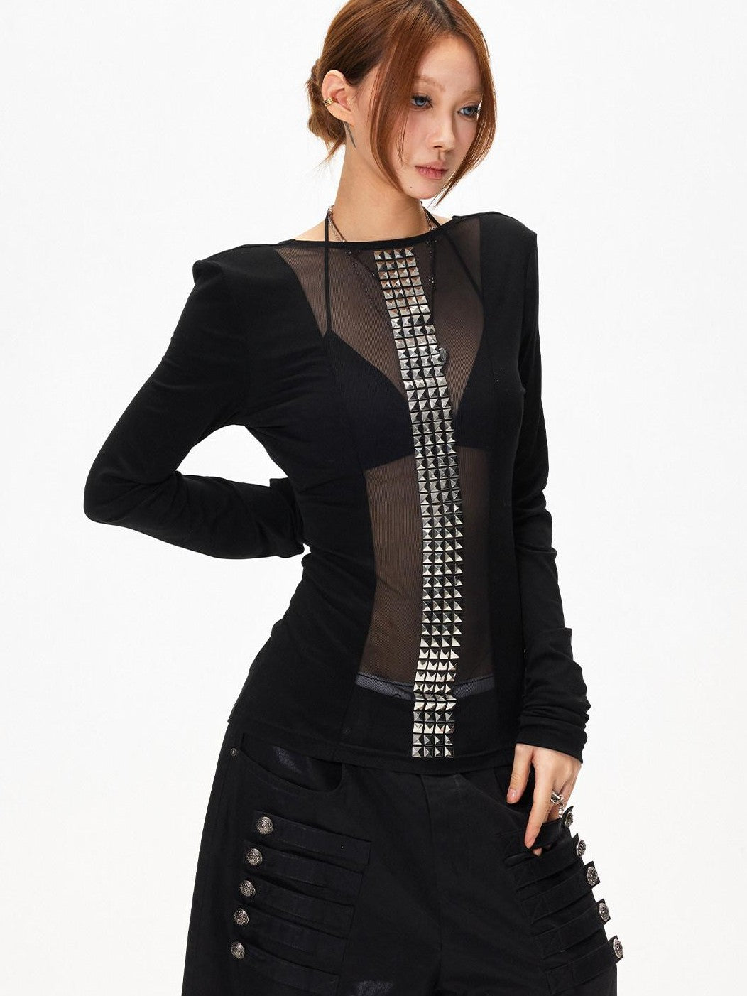 3MODE Dark Goth Rhinestone Mesh Panel Women&