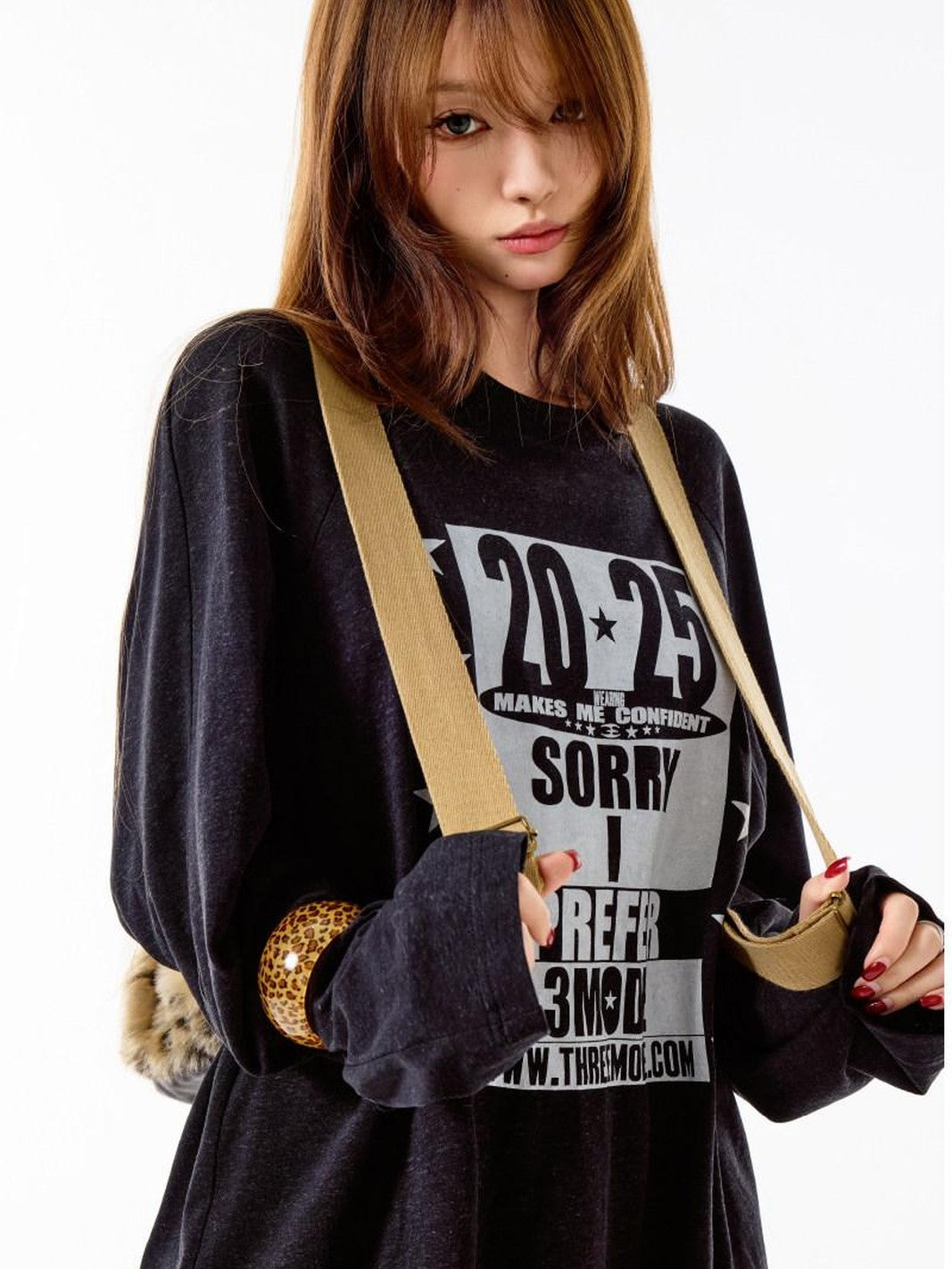 3MODE Deep Coffee Retro Letter Print Loose Fit Women&
