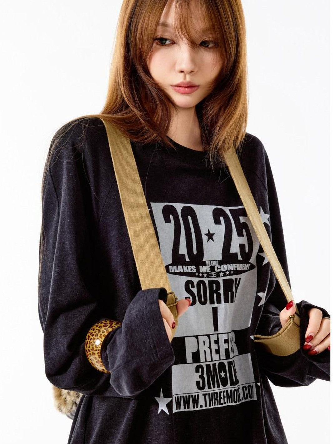 3MODE Deep Coffee Retro Letter Print Loose Fit Women&