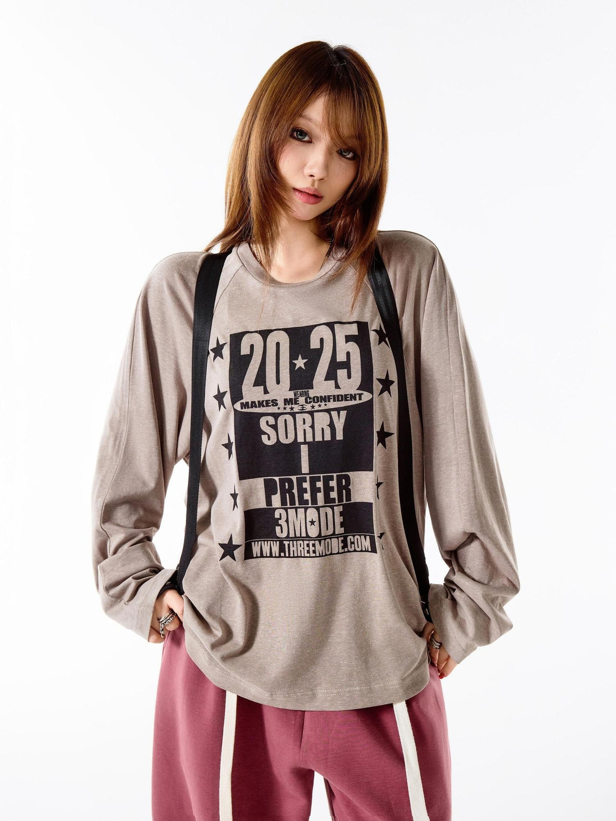 3MODE Deep Coffee Retro Letter Print Loose Fit Women&