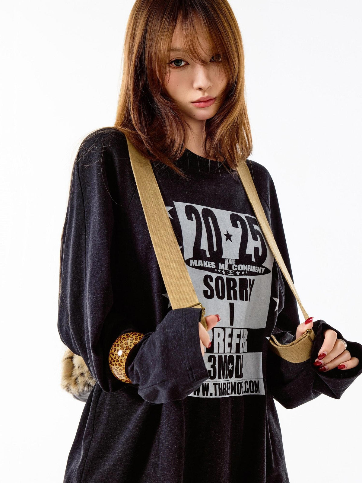 3MODE Deep Coffee Retro Letter Print Loose Fit Women&