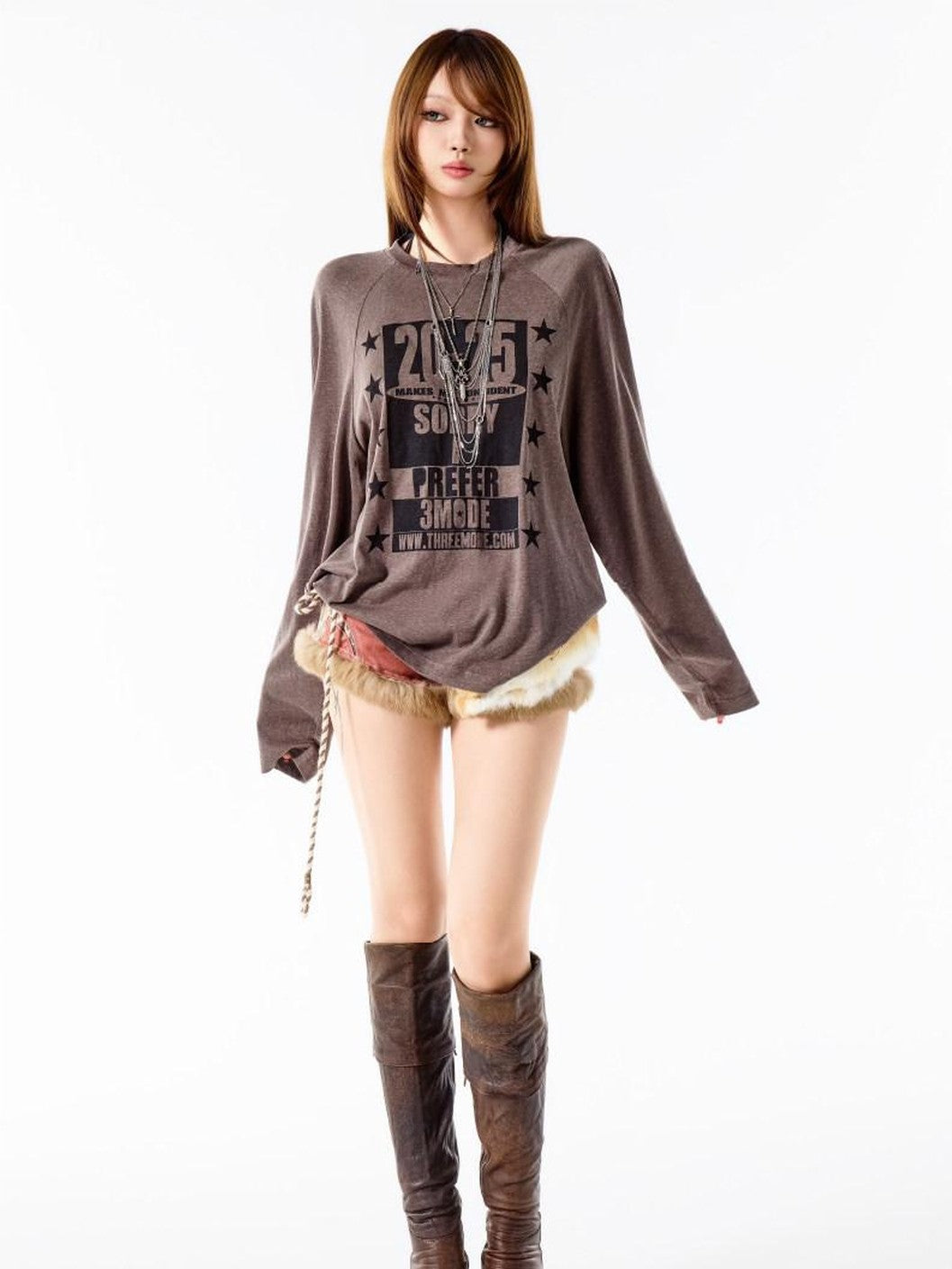 3MODE Deep Coffee Retro Letter Print Loose Fit Women&