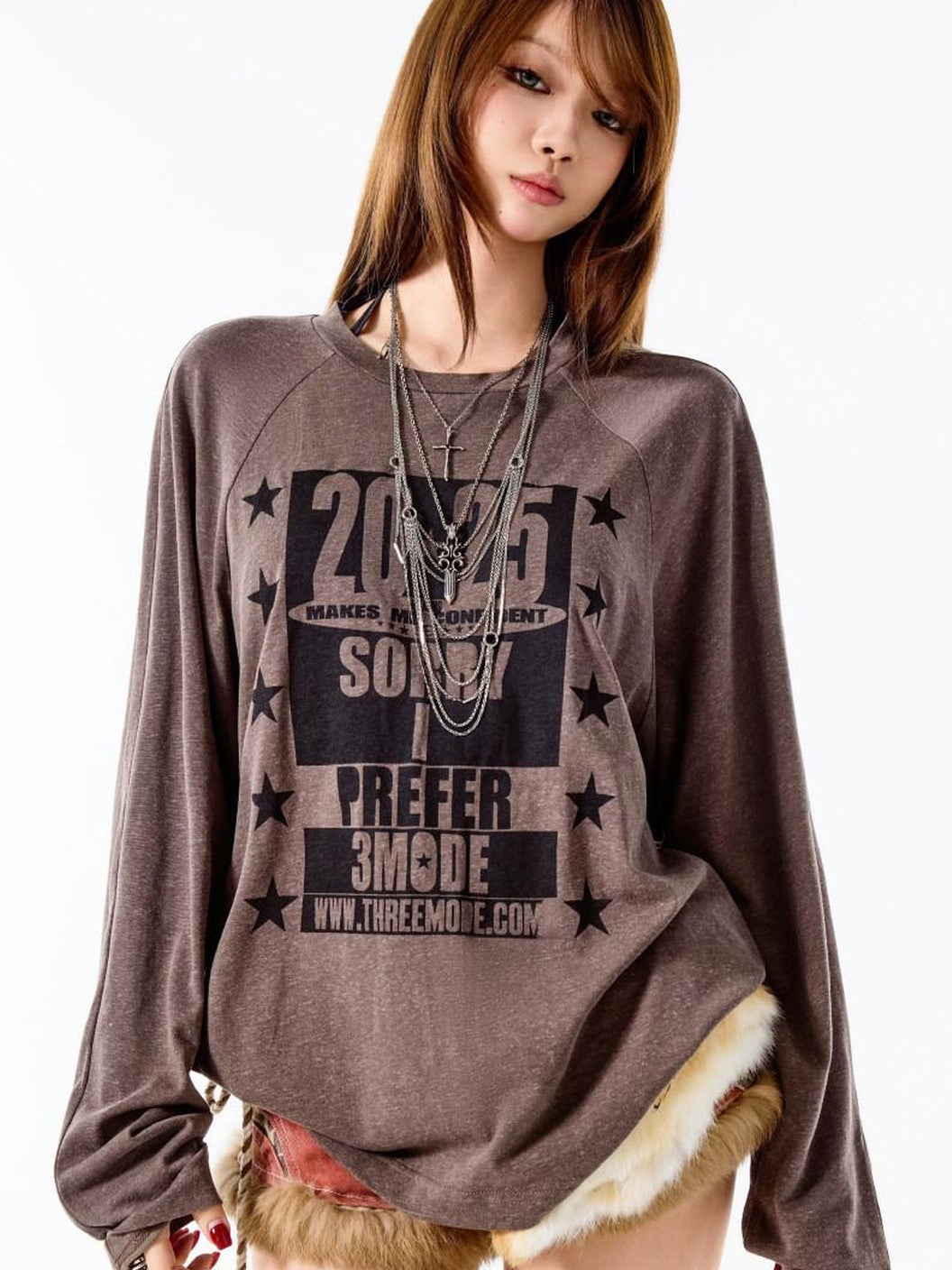 3MODE Deep Coffee Retro Letter Print Loose Fit Women&