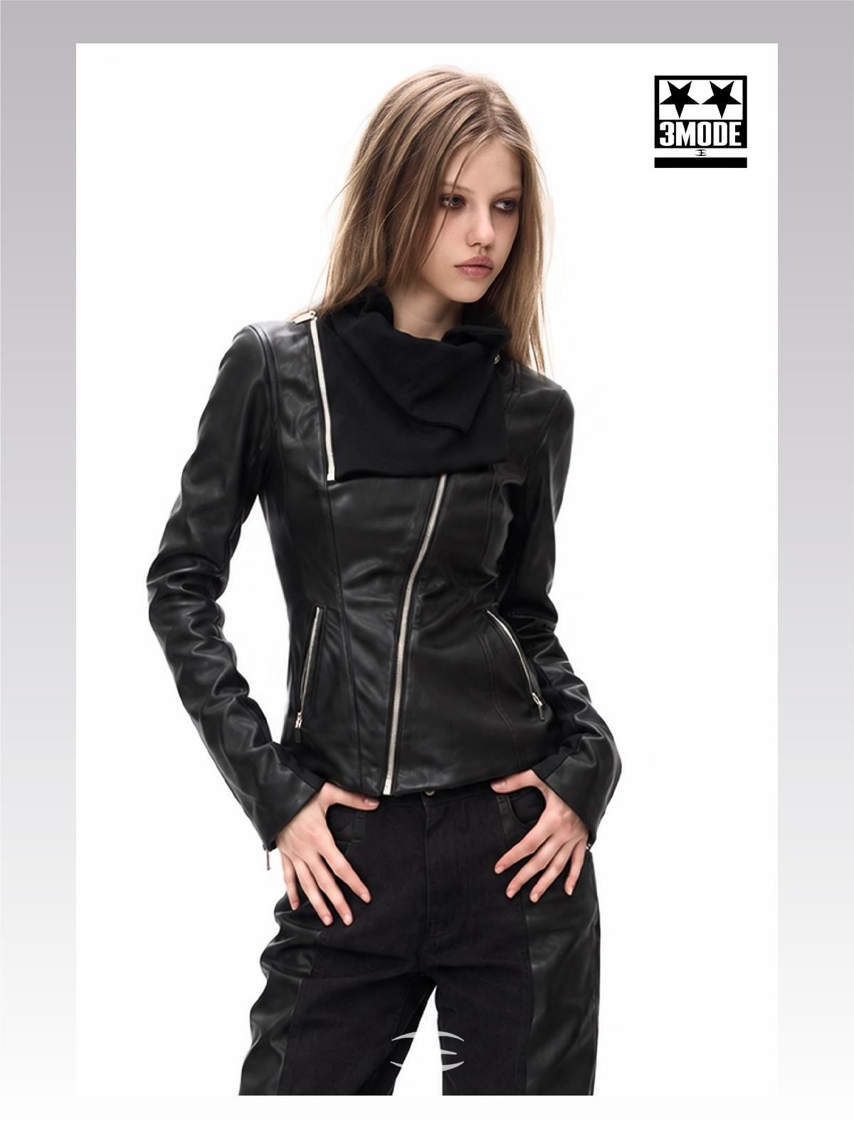 3MODE Detachable Neck Guard Asymmetric Zip Slim Fit Pu Women&
