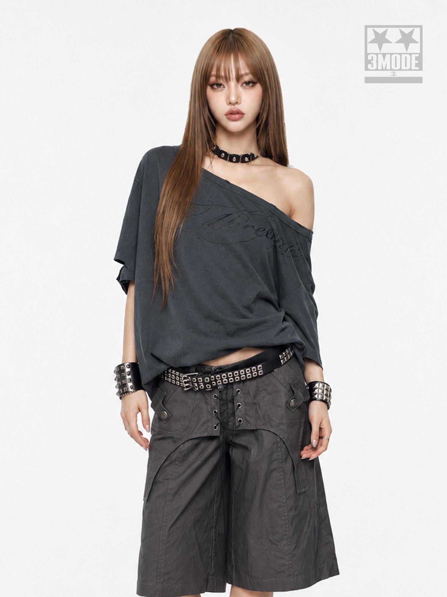 3MODE Distressed Dark Gray Asymmetrical Letter Print Women&