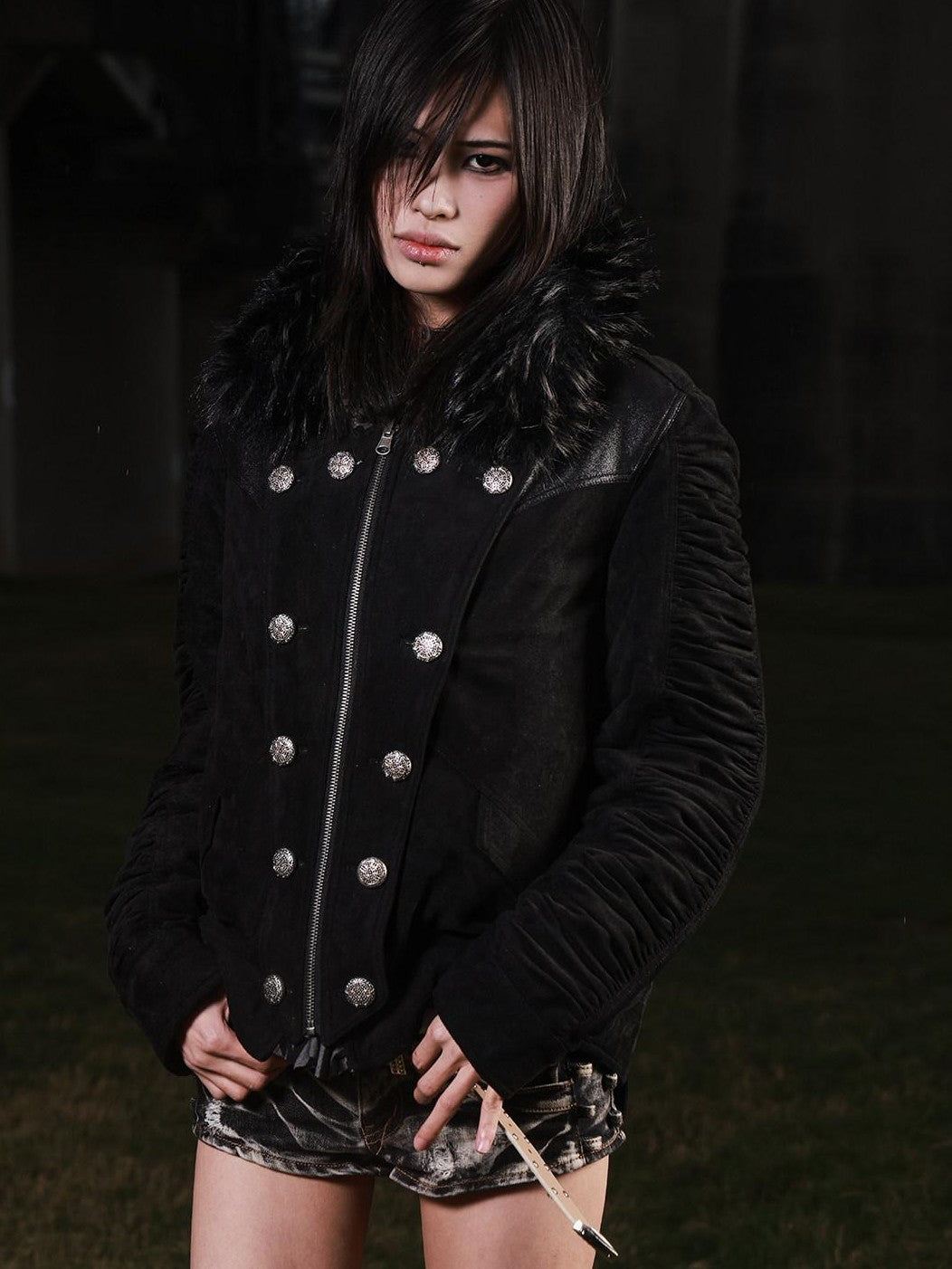 3MODE Double Breasted Detachable Fur Collar Hooded Women&