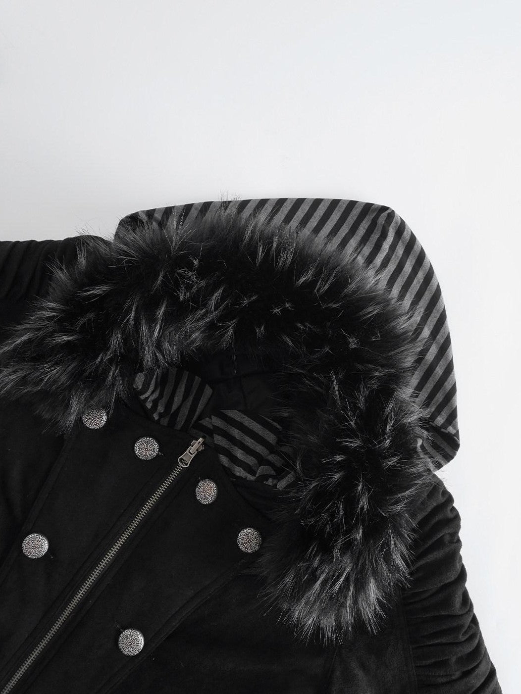 3MODE Double Breasted Detachable Fur Collar Hooded Women&