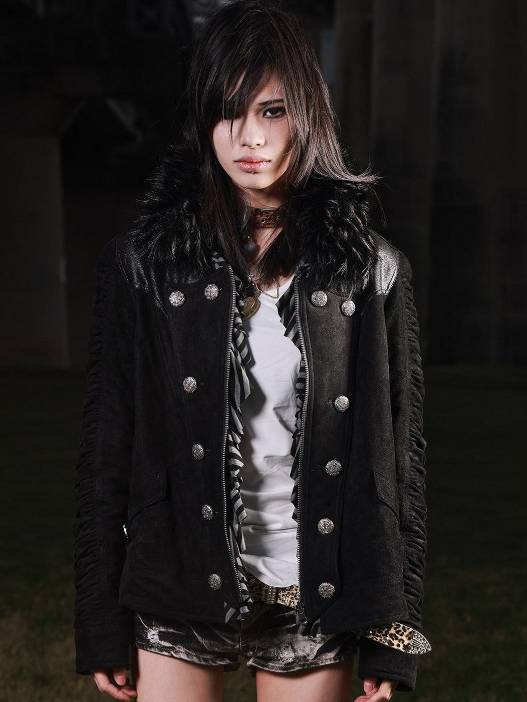 3MODE Double Breasted Detachable Fur Collar Hooded Women&