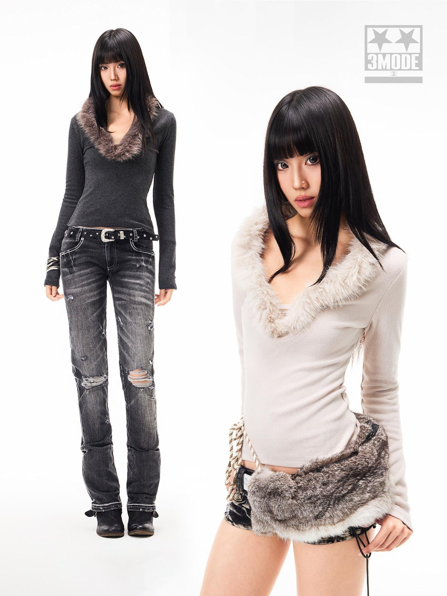 3MODE Faux Fur Collar V-neck Cropped Slim Fit Women&