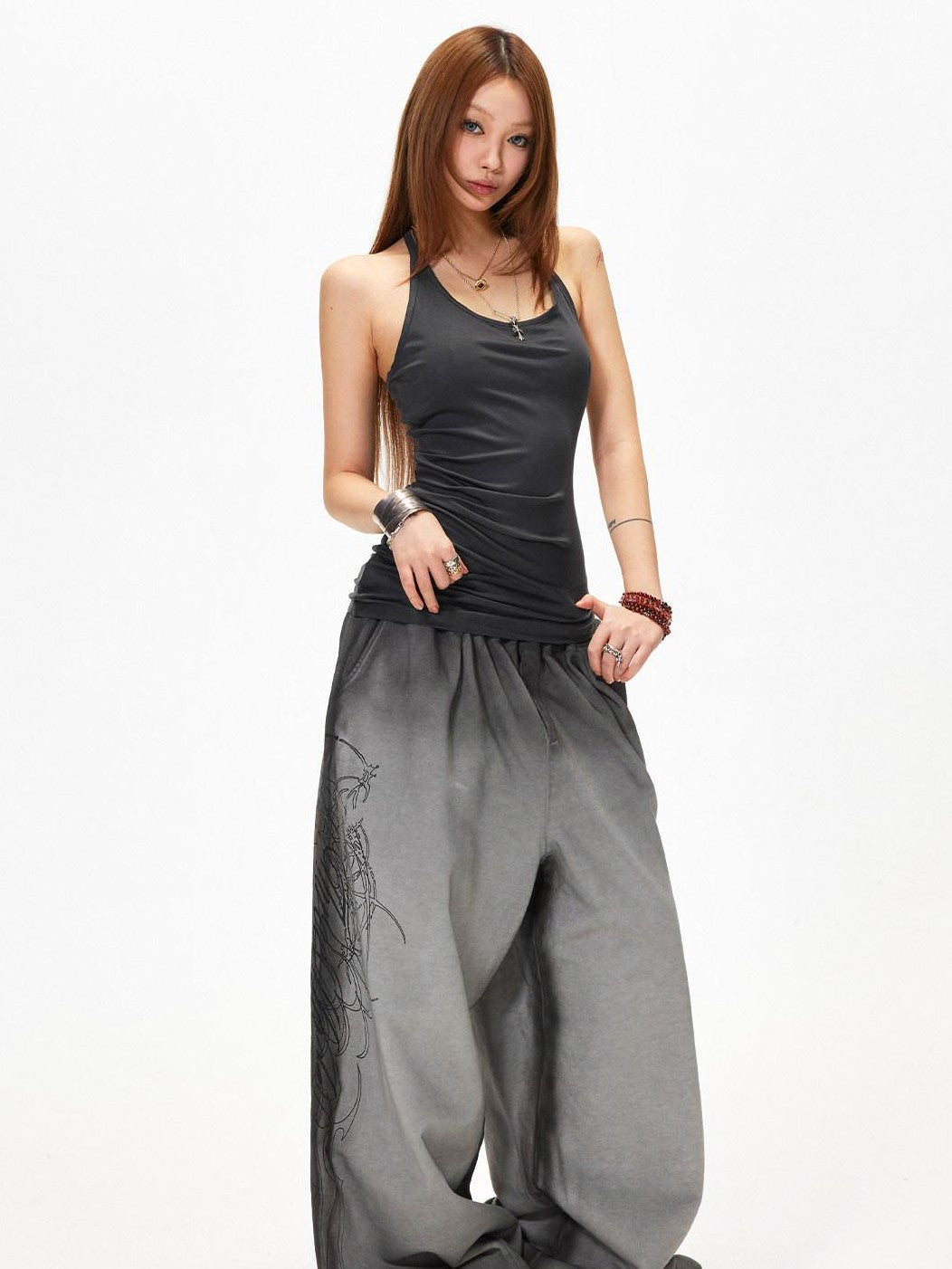3MODE Gray Heavy Embroidery Mid High Waist Loose Women&