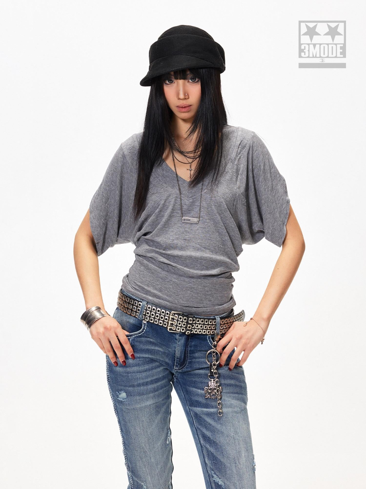 3MODE Gray Sexy Batwing V-neck Women&