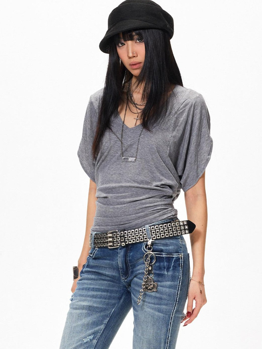 3MODE Gray Sexy Batwing V-neck Women&