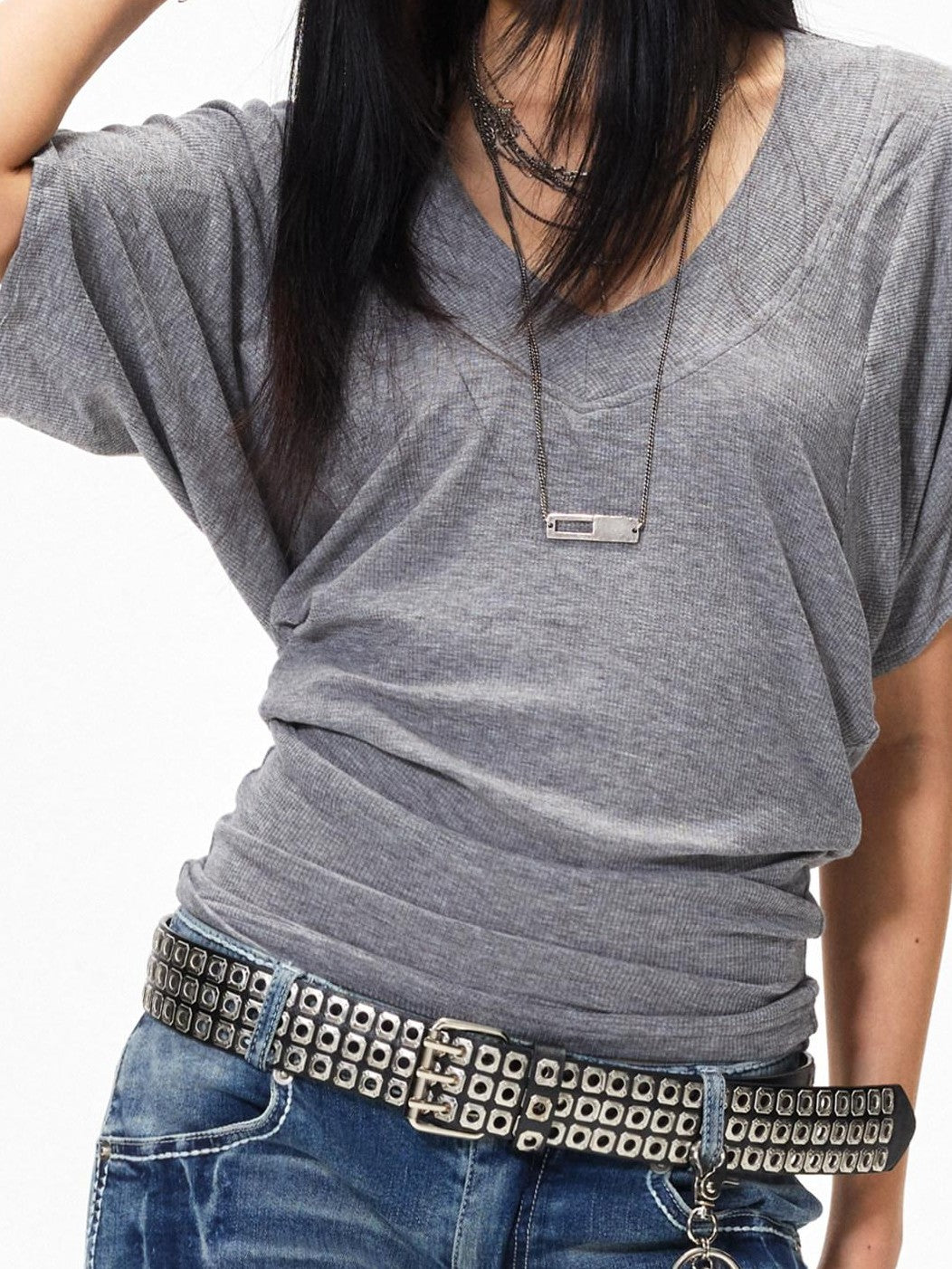 3MODE Gray Sexy Batwing V-neck Women&
